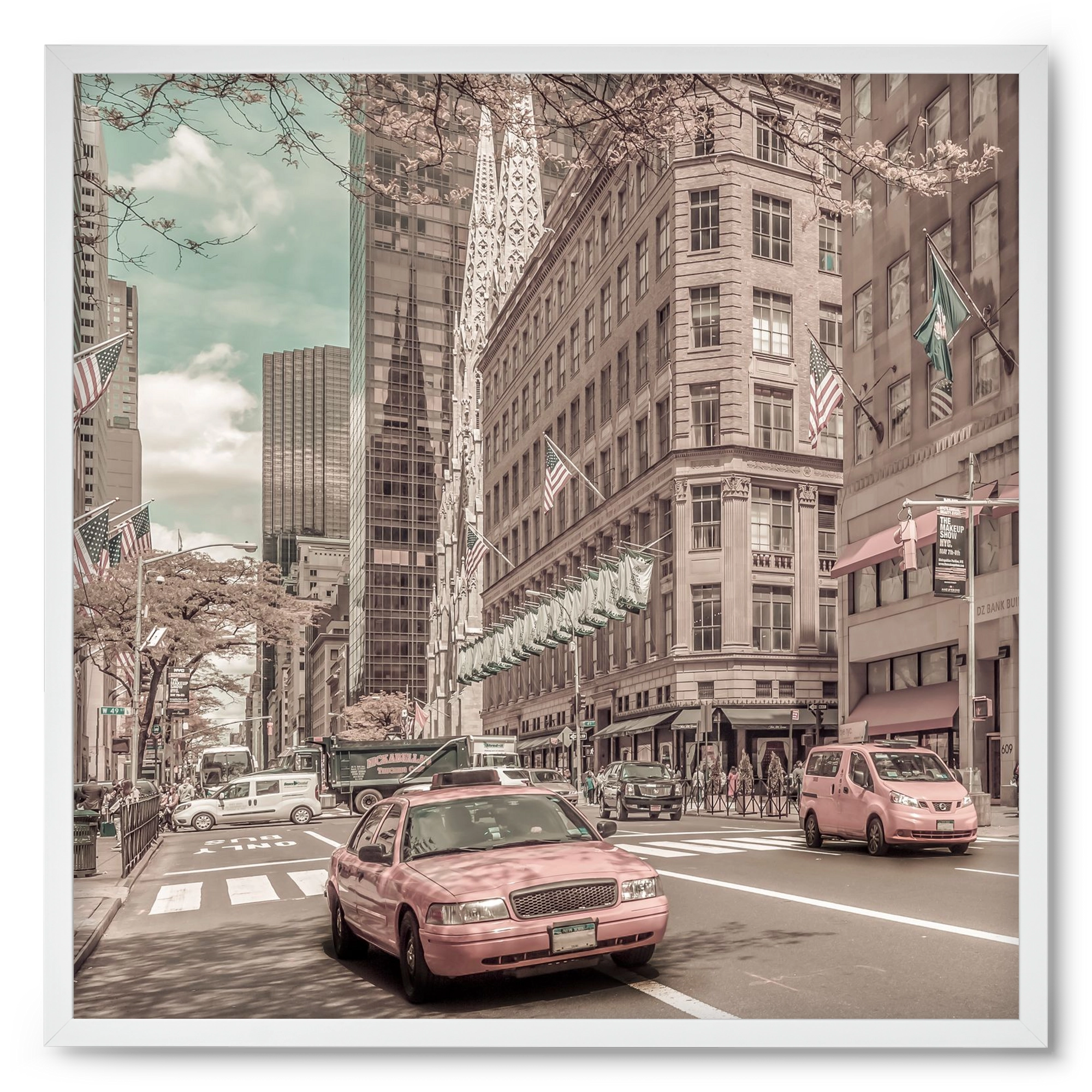 MANHATTAN 5th Avenue | urban vintage style, 50x50 cm (50x50 cm), Fehér keret