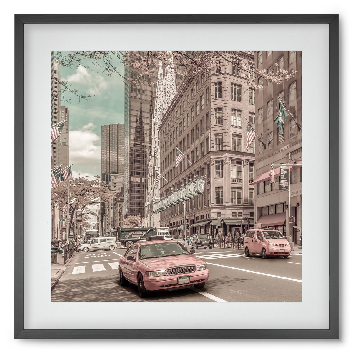 MANHATTAN 5th Avenue | urban vintage style, 50x50 cm (40x40 cm), Fekete keret, paszpartuval