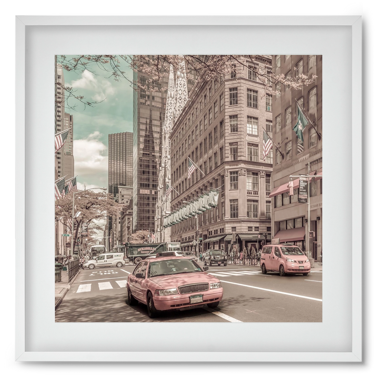 MANHATTAN 5th Avenue | urban vintage style, 50x50 cm (40x40 cm), Fehér keret, paszpartuval