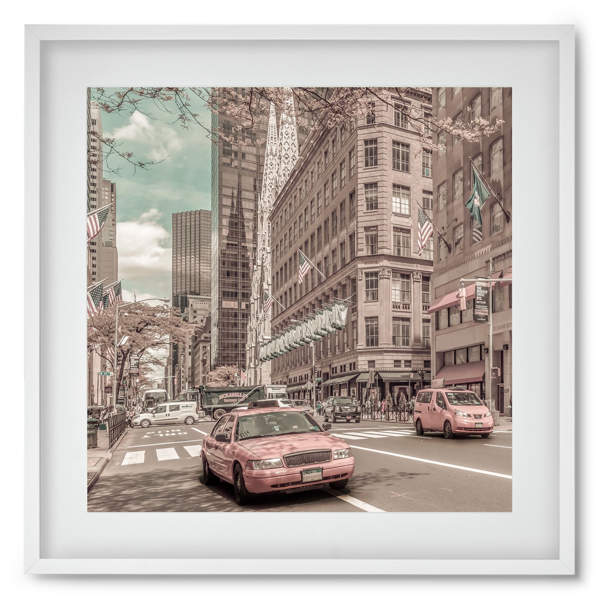 MANHATTAN 5th Avenue | urban vintage style, 50x50 cm (40x40 cm), Fehér keret, paszpartuval
