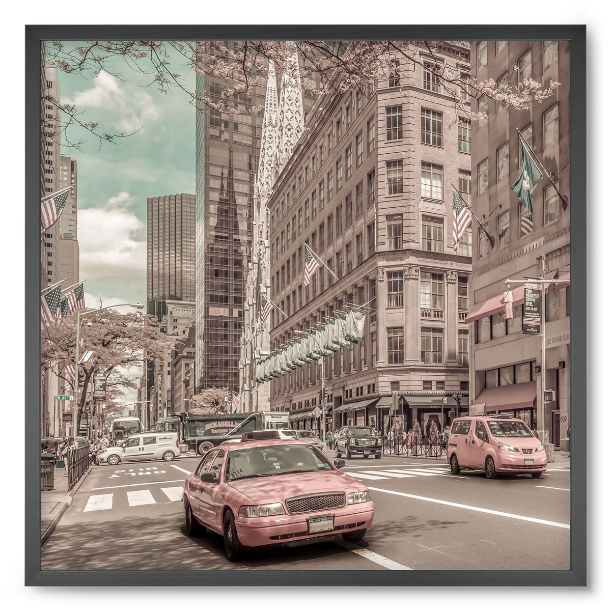MANHATTAN 5th Avenue | urban vintage style, 50x50 cm (50x50 cm), Fekete keret