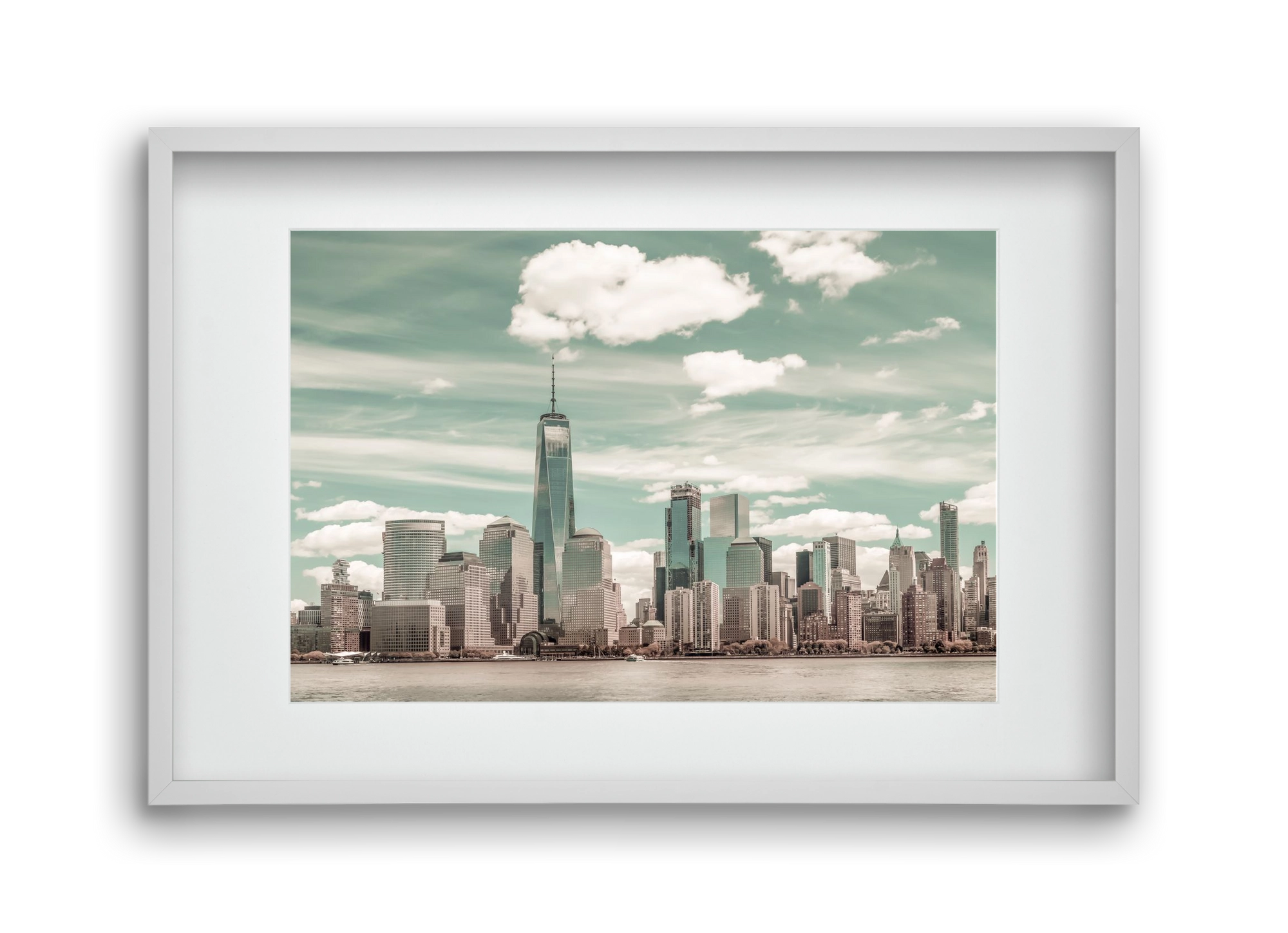 NEW YORK CITY Manhattan Skyline & Hudson River | urban vintage s, 45x30 cm (30x20 cm), Fehér keret, paszpartuval