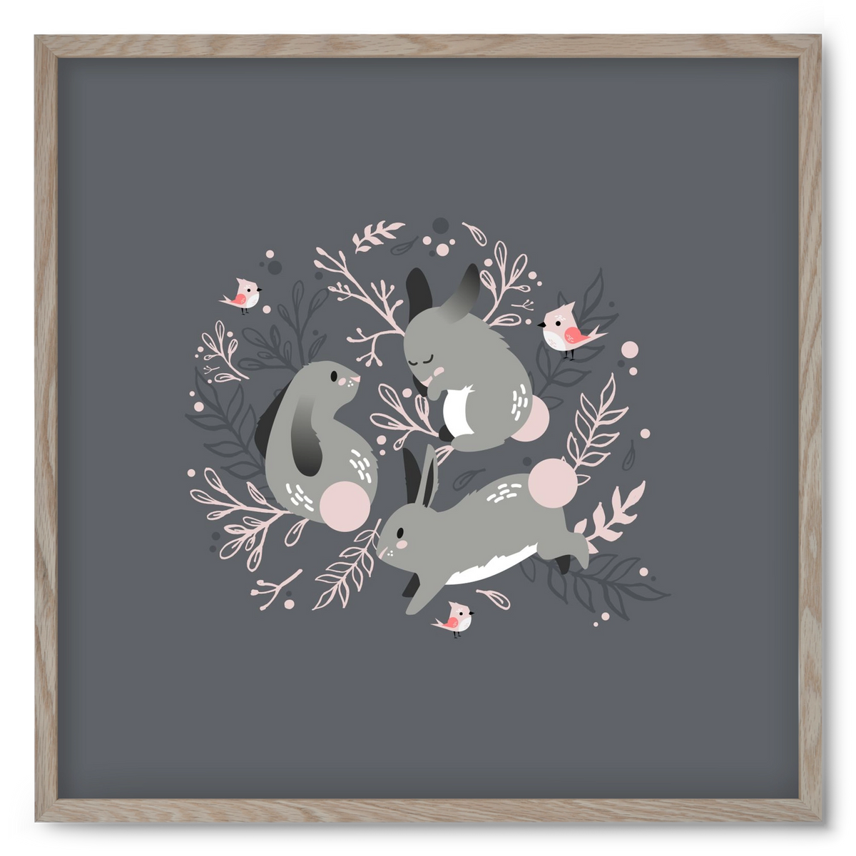 Nyuszik és madárkák, 50x50 cm (50x50 cm), Tölgy keret