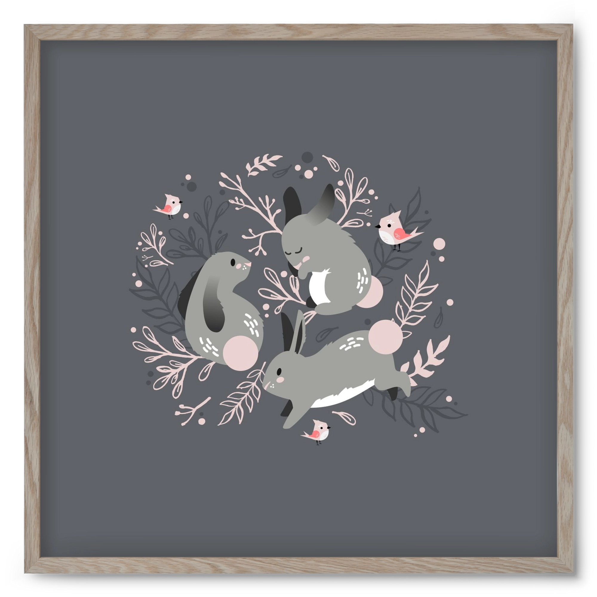 Nyuszik és madárkák, 50x50 cm (50x50 cm), Tölgy keret