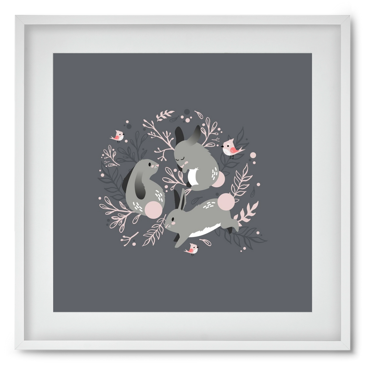 Nyuszik és madárkák, 50x50 cm (40x40 cm), Fehér keret, paszpartuval