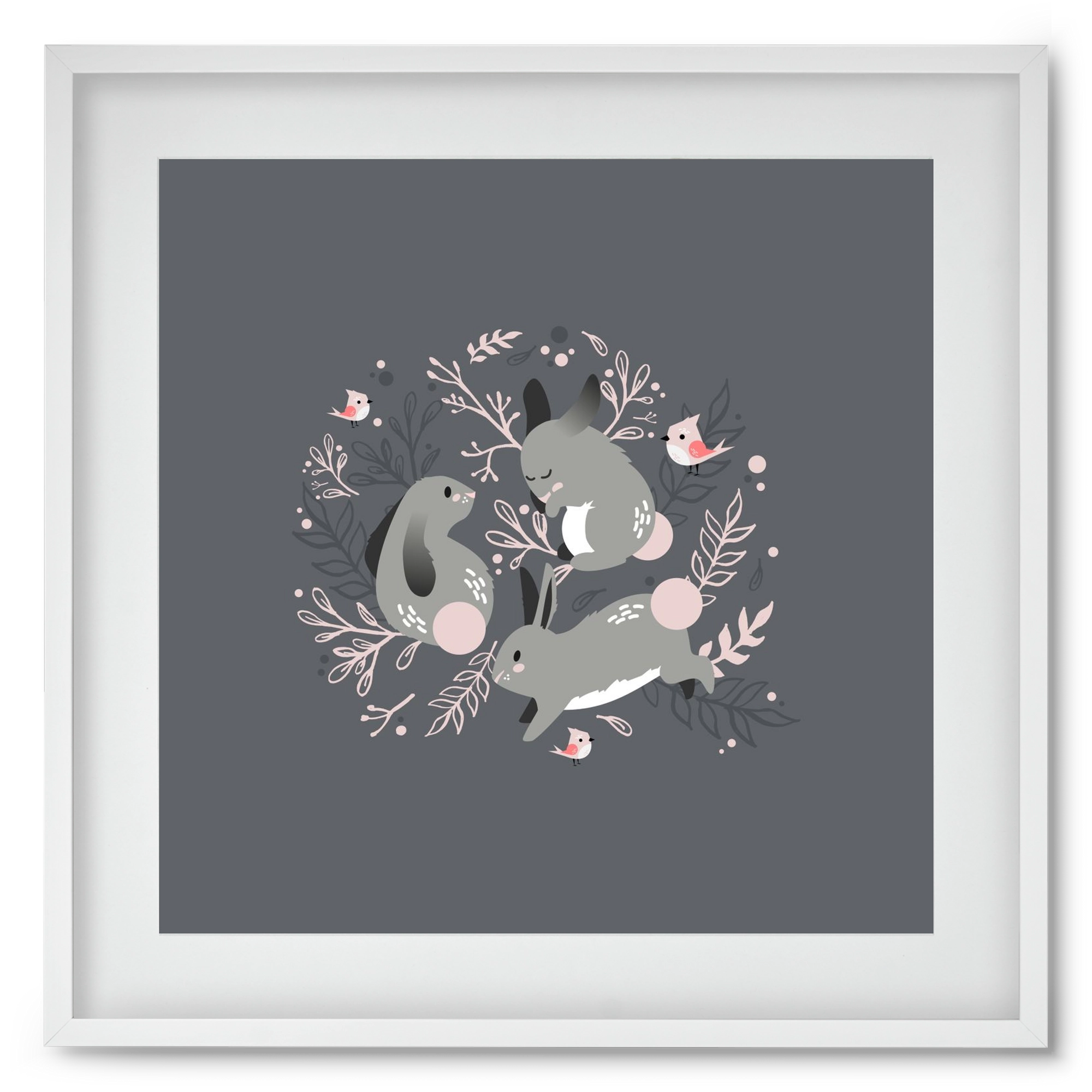 Nyuszik és madárkák, 50x50 cm (40x40 cm), Fehér keret, paszpartuval