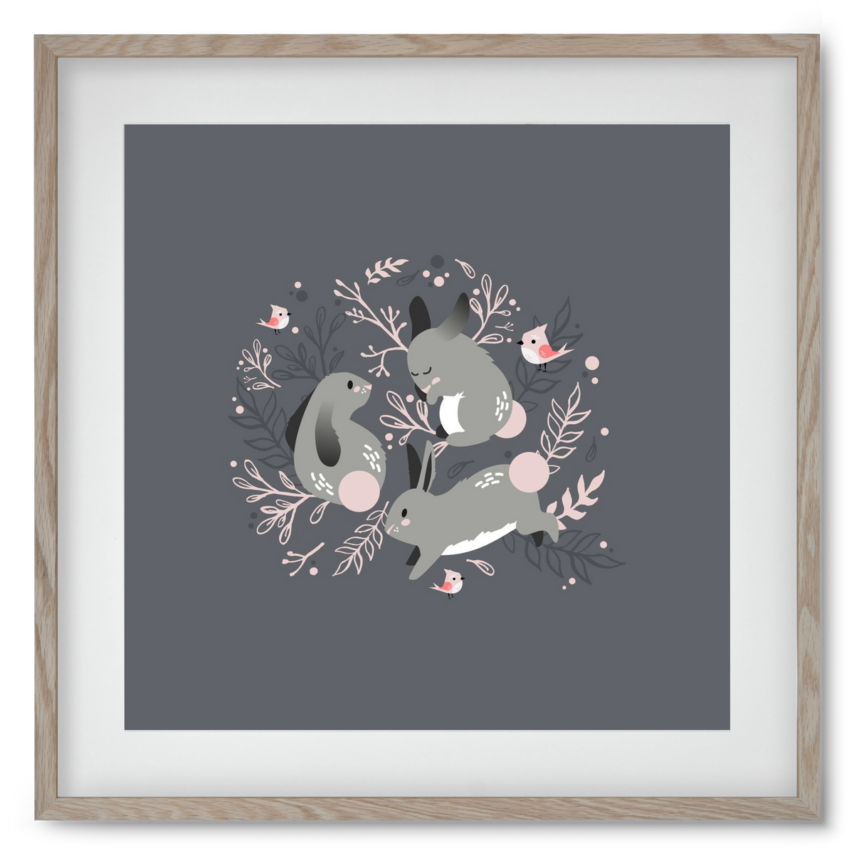 Nyuszik és madárkák, 50x50 cm (40x40 cm), Tölgy keret, paszpartuval