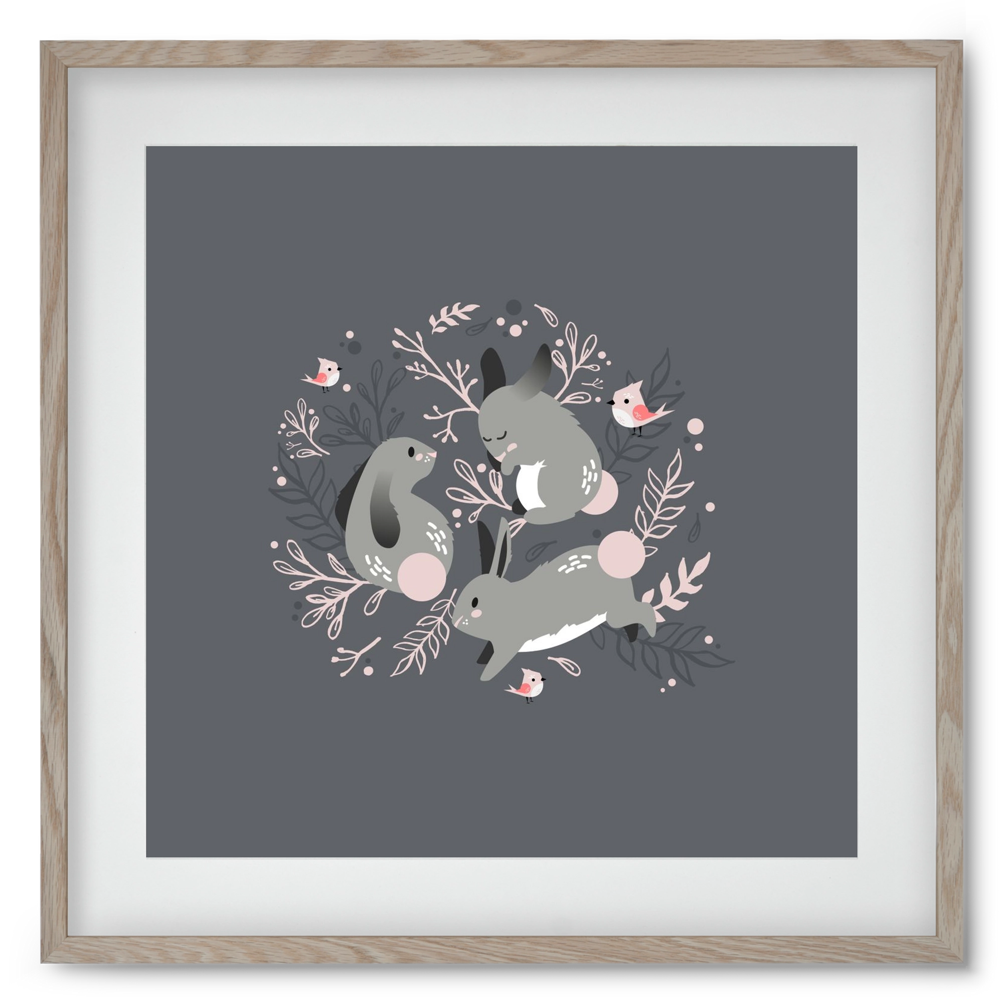 Nyuszik és madárkák, 50x50 cm (40x40 cm), Tölgy keret, paszpartuval