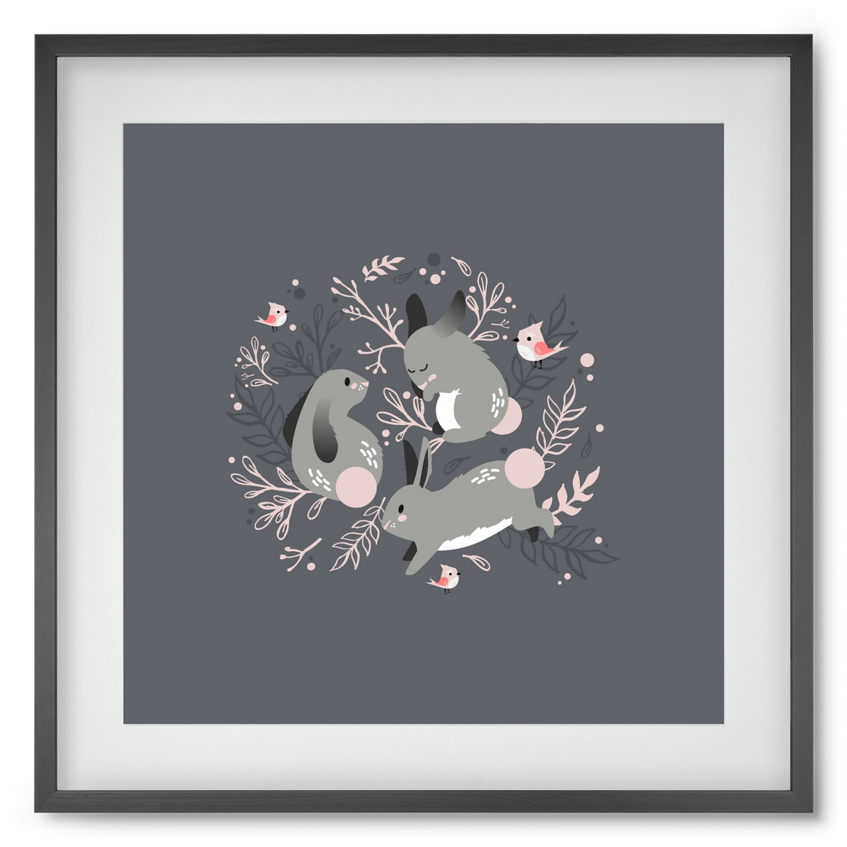 Nyuszik és madárkák, 50x50 cm (40x40 cm), Fekete keret, paszpartuval