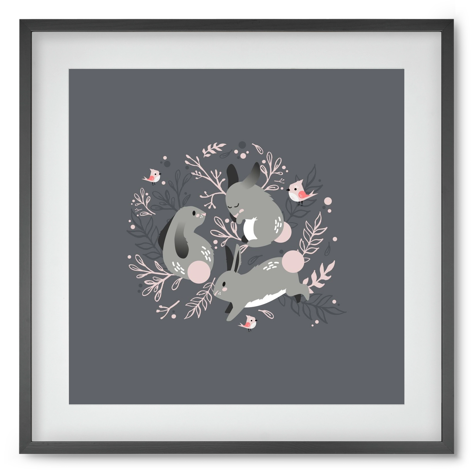 Nyuszik és madárkák, 50x50 cm (40x40 cm), Fekete keret, paszpartuval