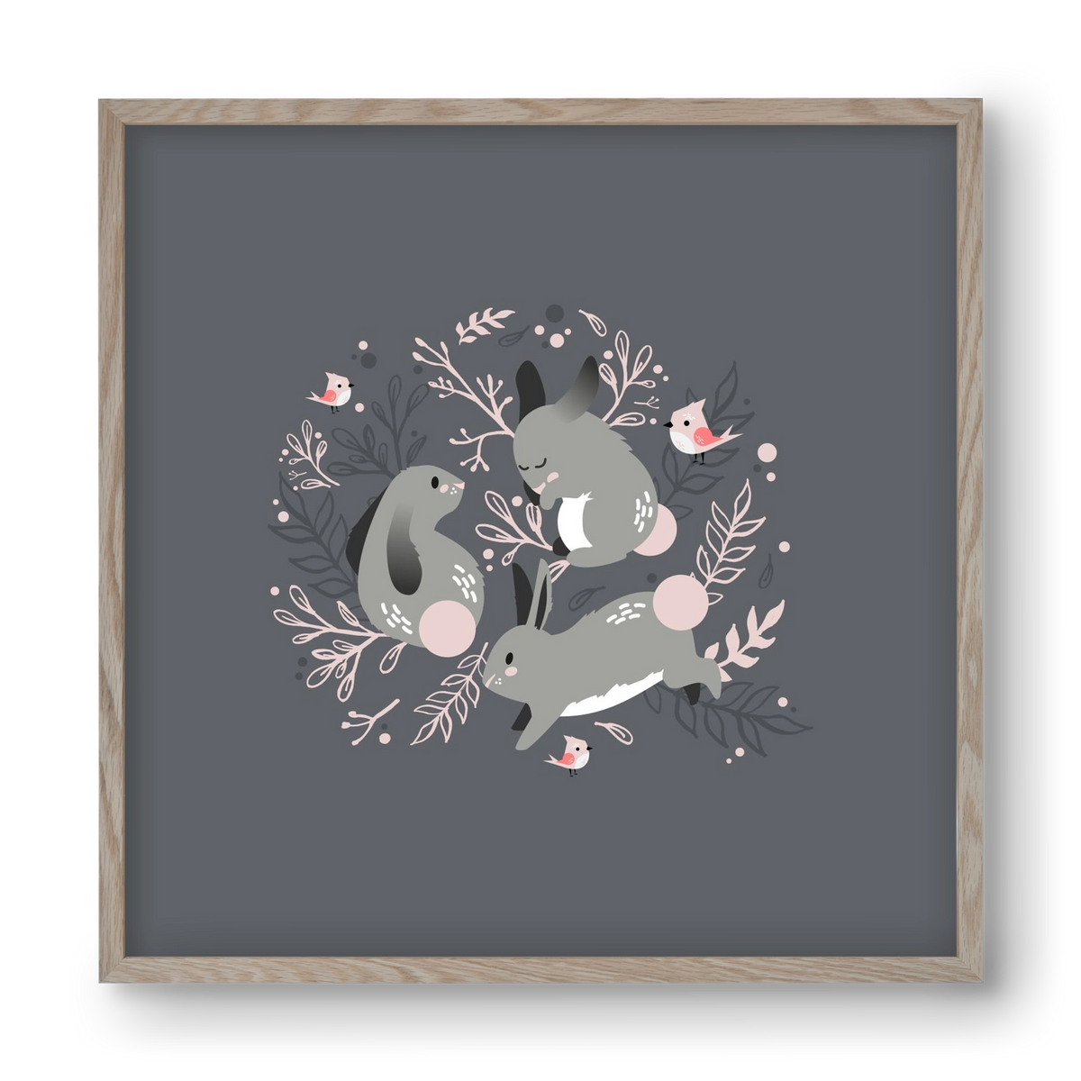 Nyuszik és madárkák, 40x40 cm (40x40 cm), Tölgy keret