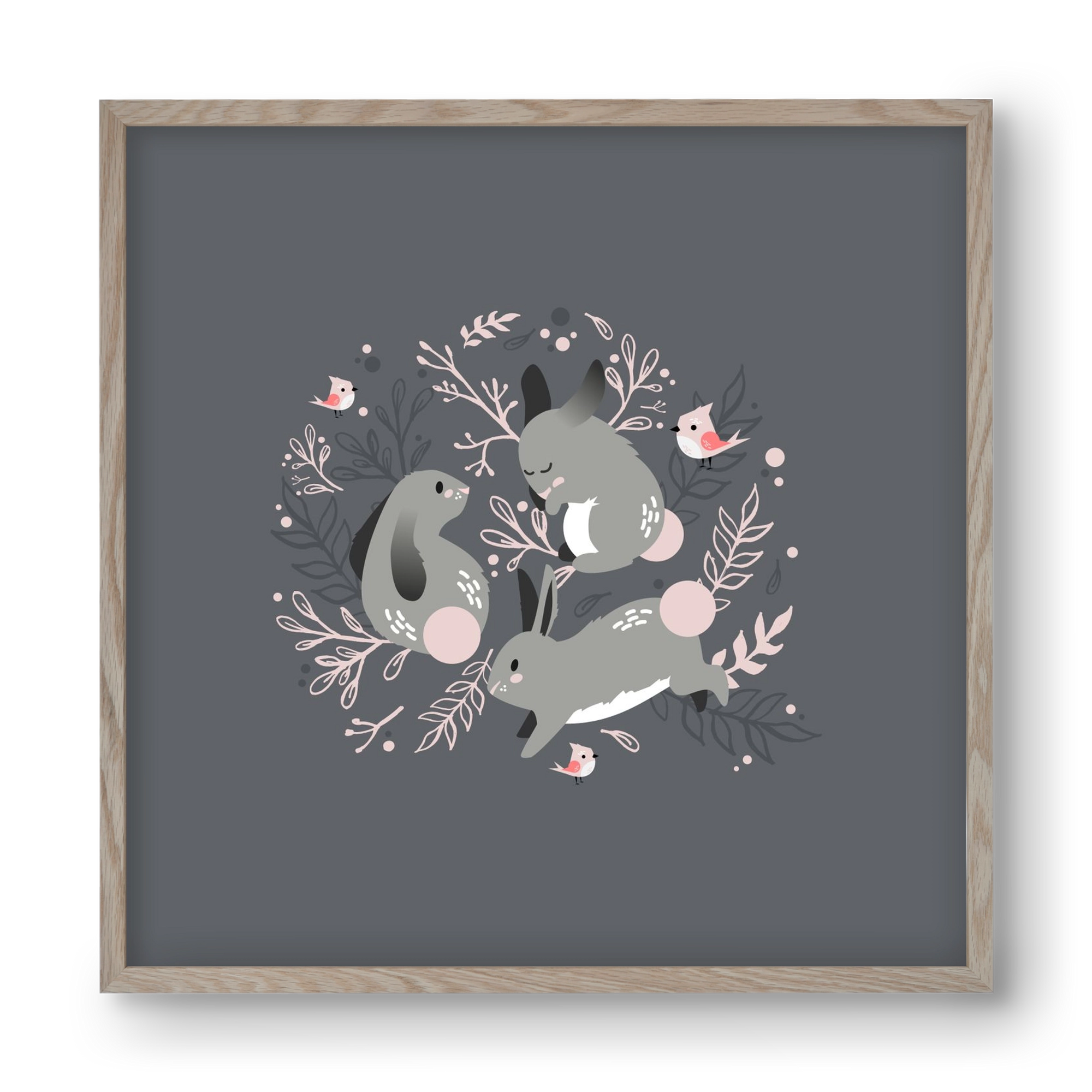 Nyuszik és madárkák, 40x40 cm (40x40 cm), Tölgy keret