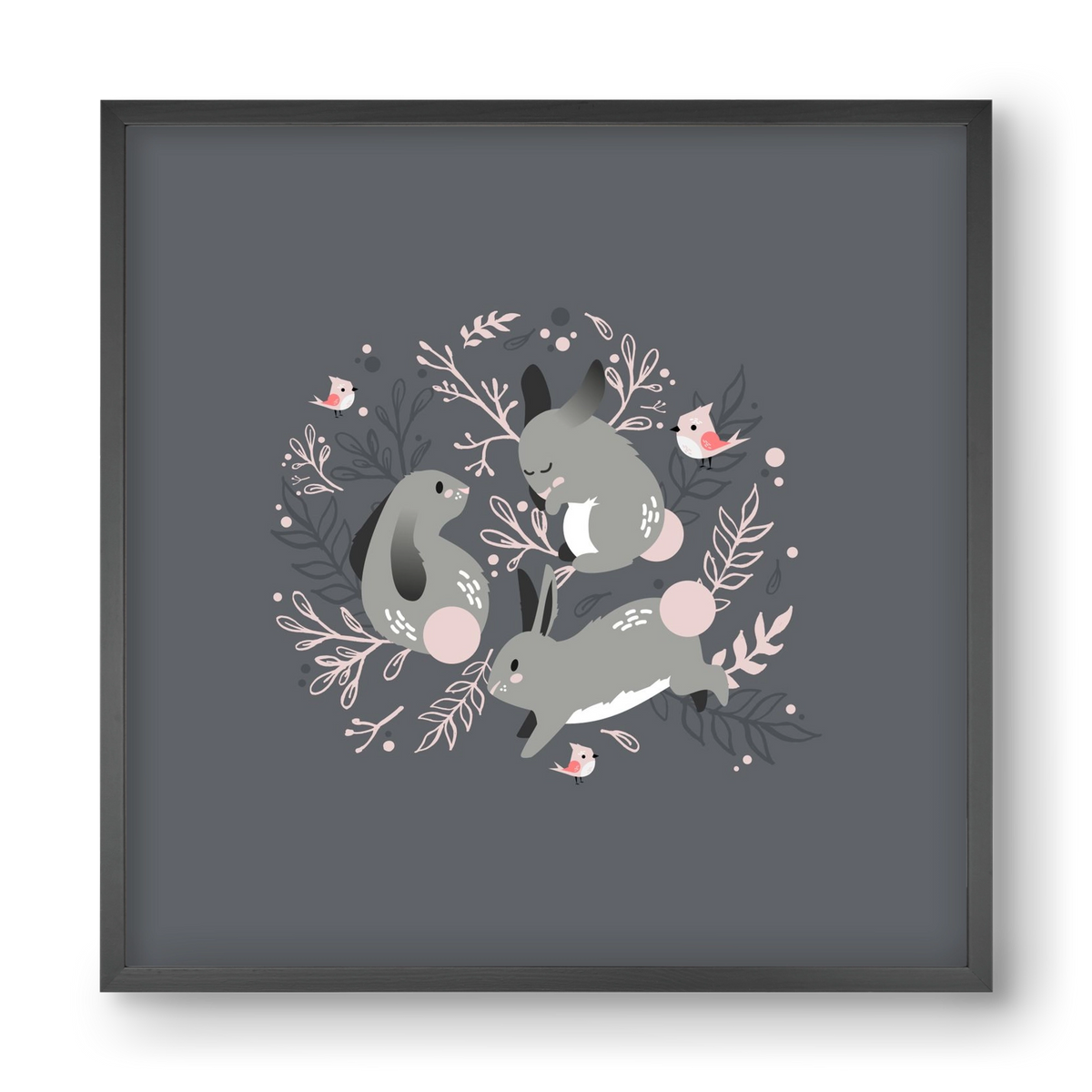 Nyuszik és madárkák, 40x40 cm (40x40 cm), Fekete keret