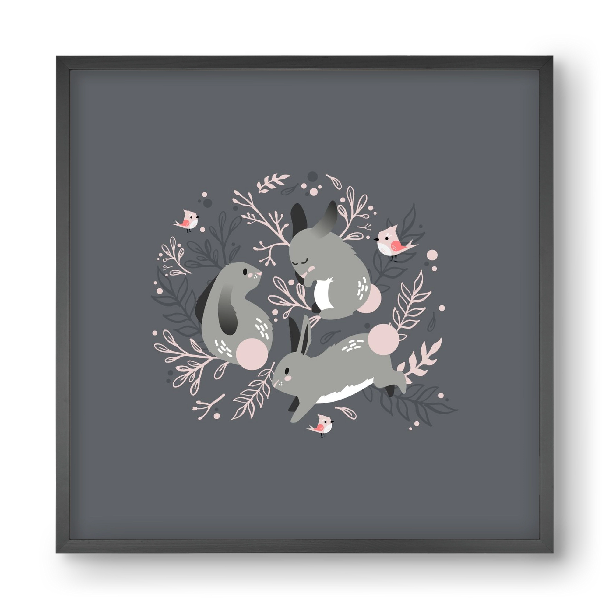 Nyuszik és madárkák, 40x40 cm (40x40 cm), Fekete keret