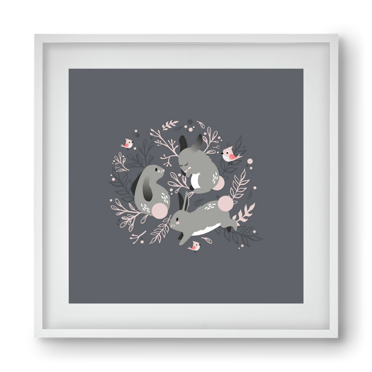 Nyuszik és madárkák, 40x40 cm (30x30 cm), Fehér keret, paszpartuval