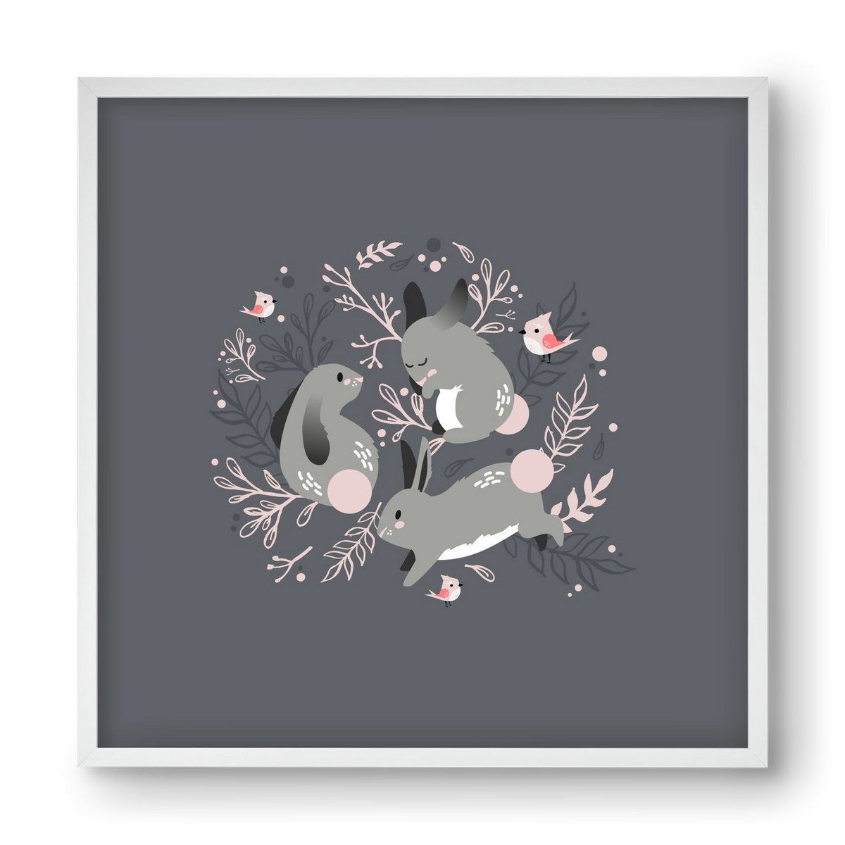 Nyuszik és madárkák, 40x40 cm (40x40 cm), Fehér keret