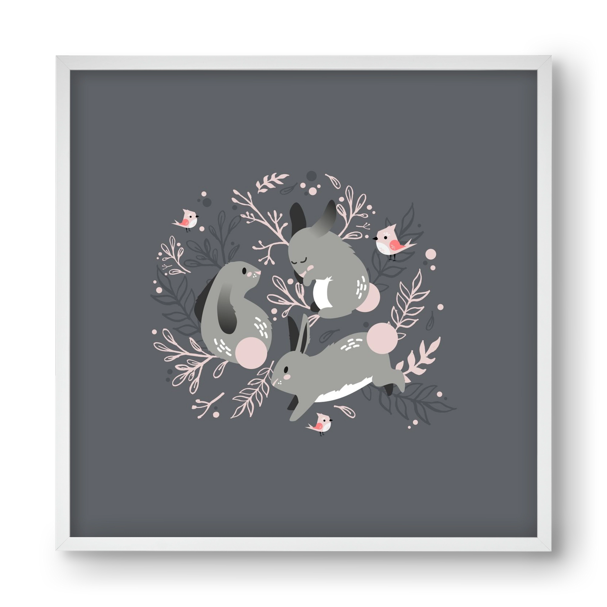 Nyuszik és madárkák, 40x40 cm (40x40 cm), Fehér keret