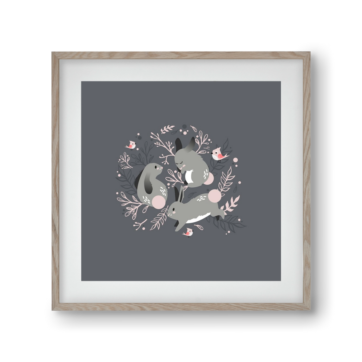 Nyuszik és madárkák, 30x30 cm (20x20 cm), Tölgy keret, paszpartuval