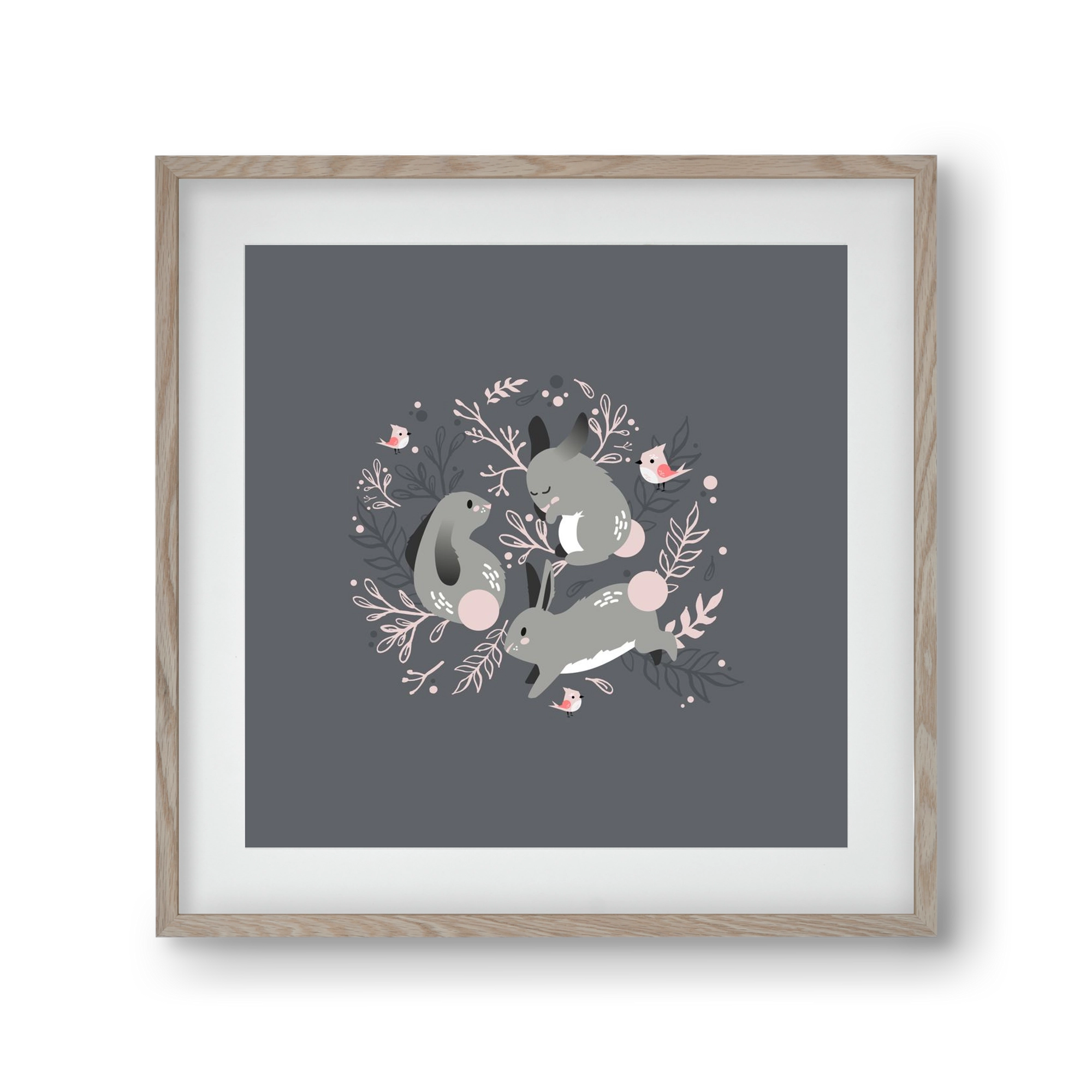 Nyuszik és madárkák, 30x30 cm (20x20 cm), Tölgy keret, paszpartuval