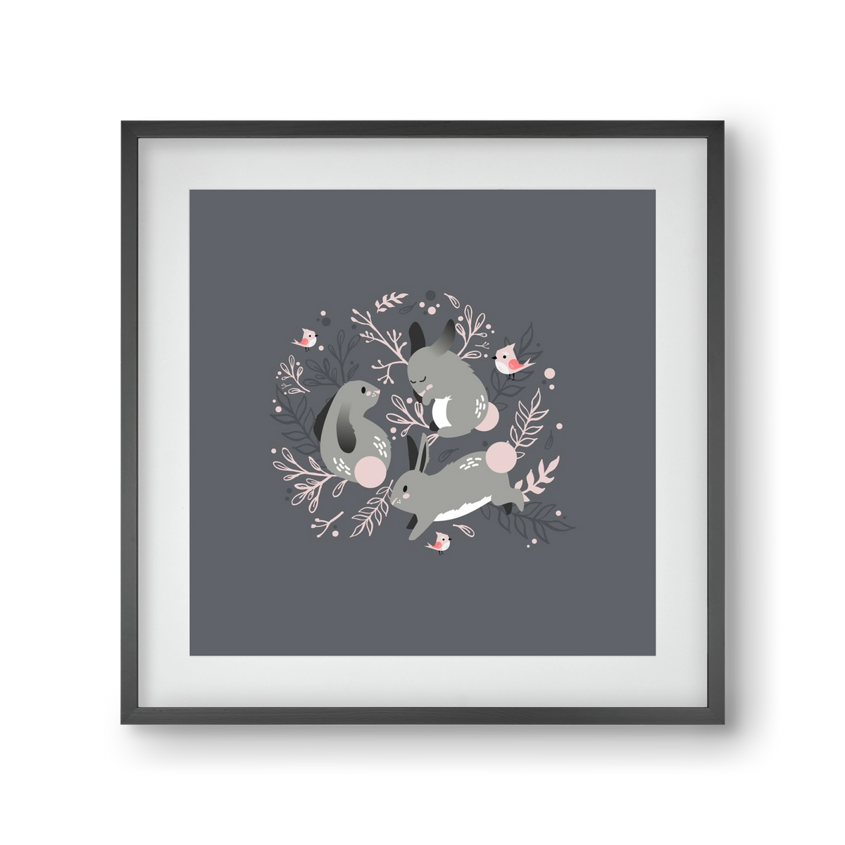 Nyuszik és madárkák, 30x30 cm (20x20 cm), Fekete keret, paszpartuval