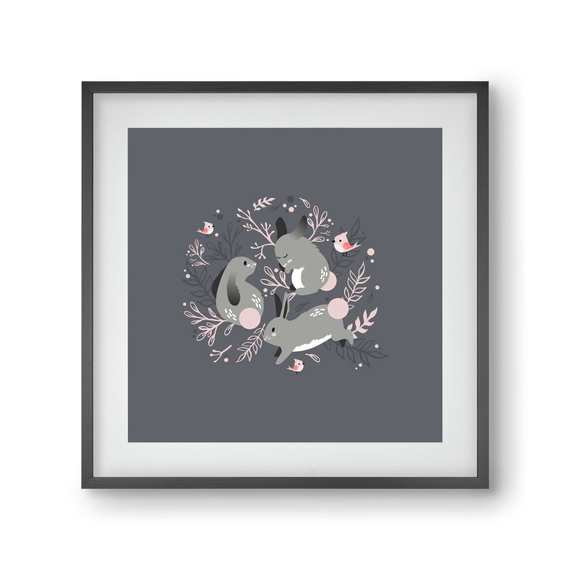 Nyuszik és madárkák, 30x30 cm (20x20 cm), Fekete keret, paszpartuval