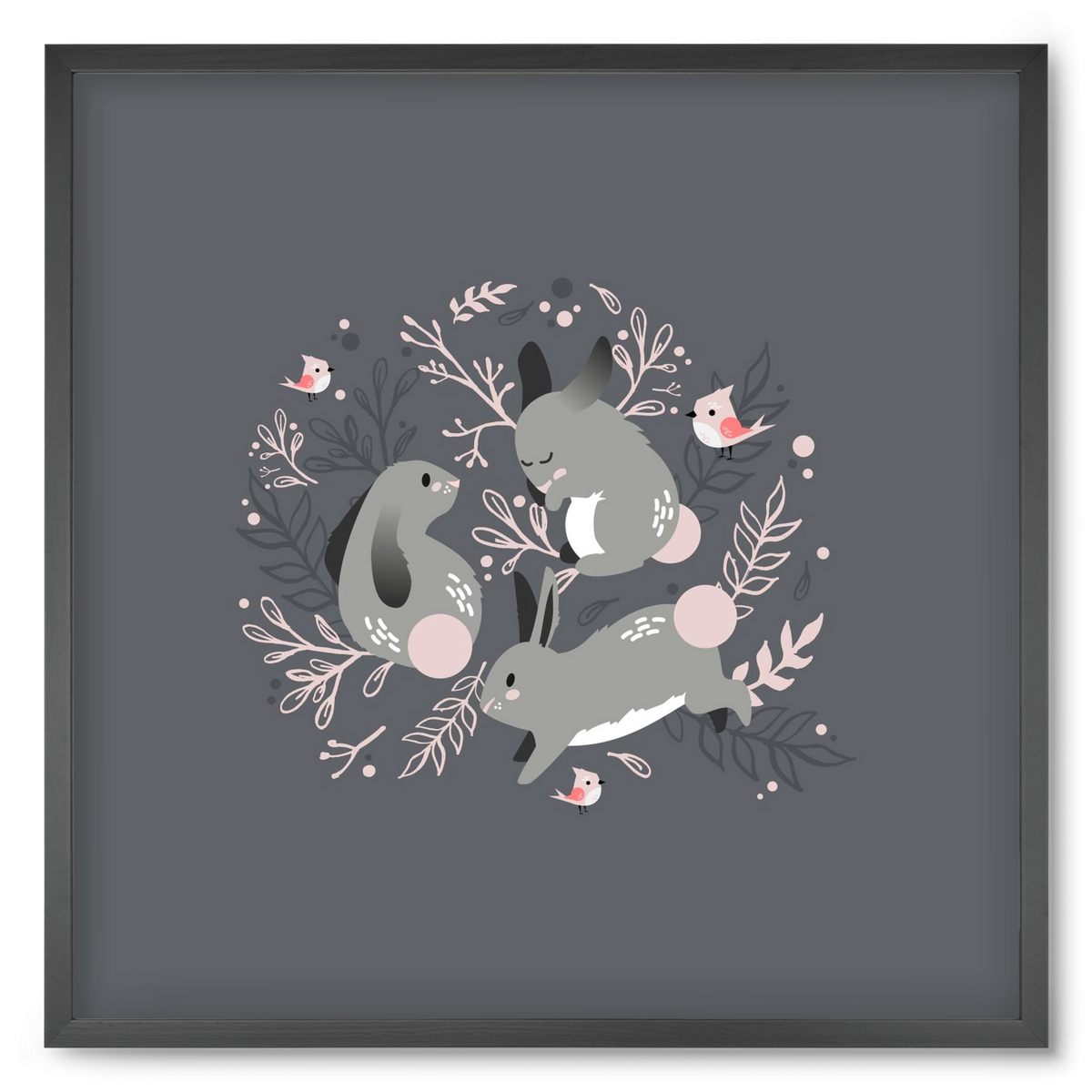 Nyuszik és madárkák, 50x50 cm (50x50 cm), Fekete keret