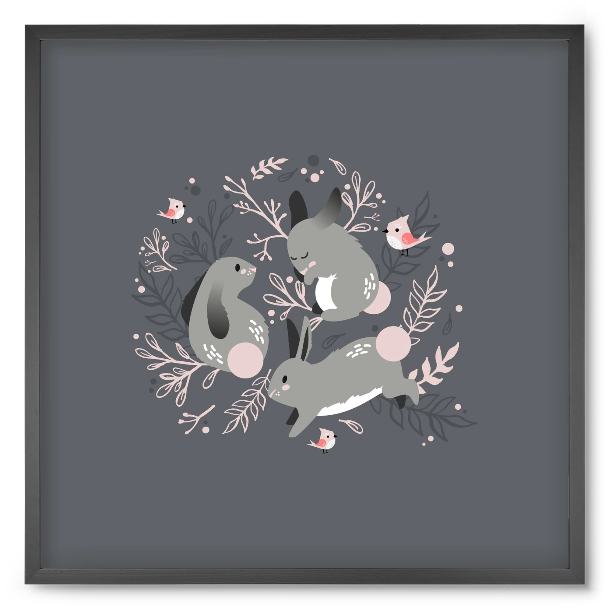 Nyuszik és madárkák, 50x50 cm (50x50 cm), Fekete keret