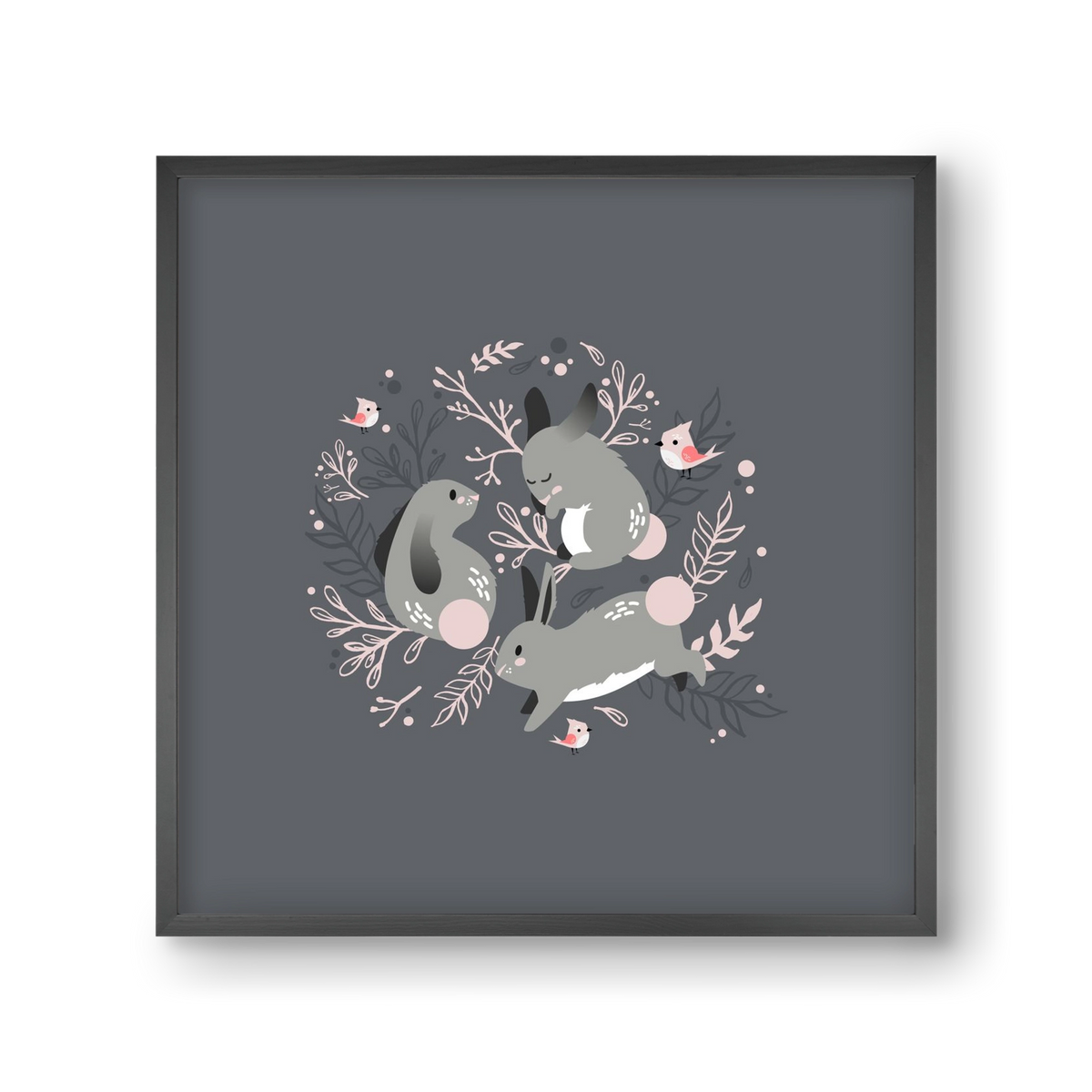 Nyuszik és madárkák, 30x30 cm (30x30 cm), Fekete keret