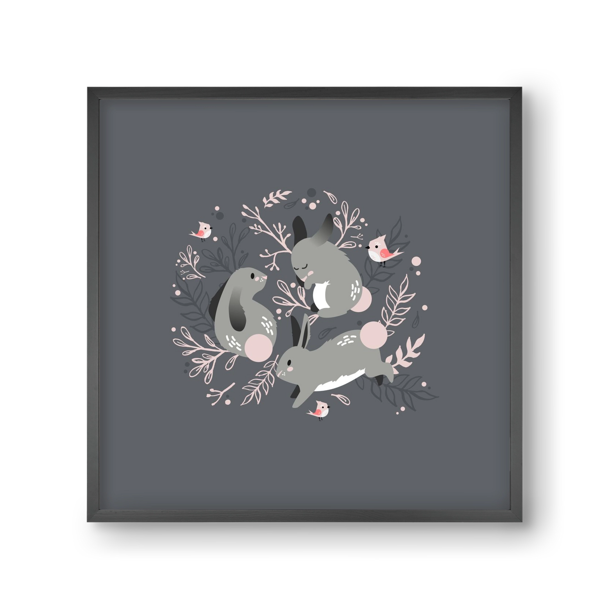 Nyuszik és madárkák, 30x30 cm (30x30 cm), Fekete keret