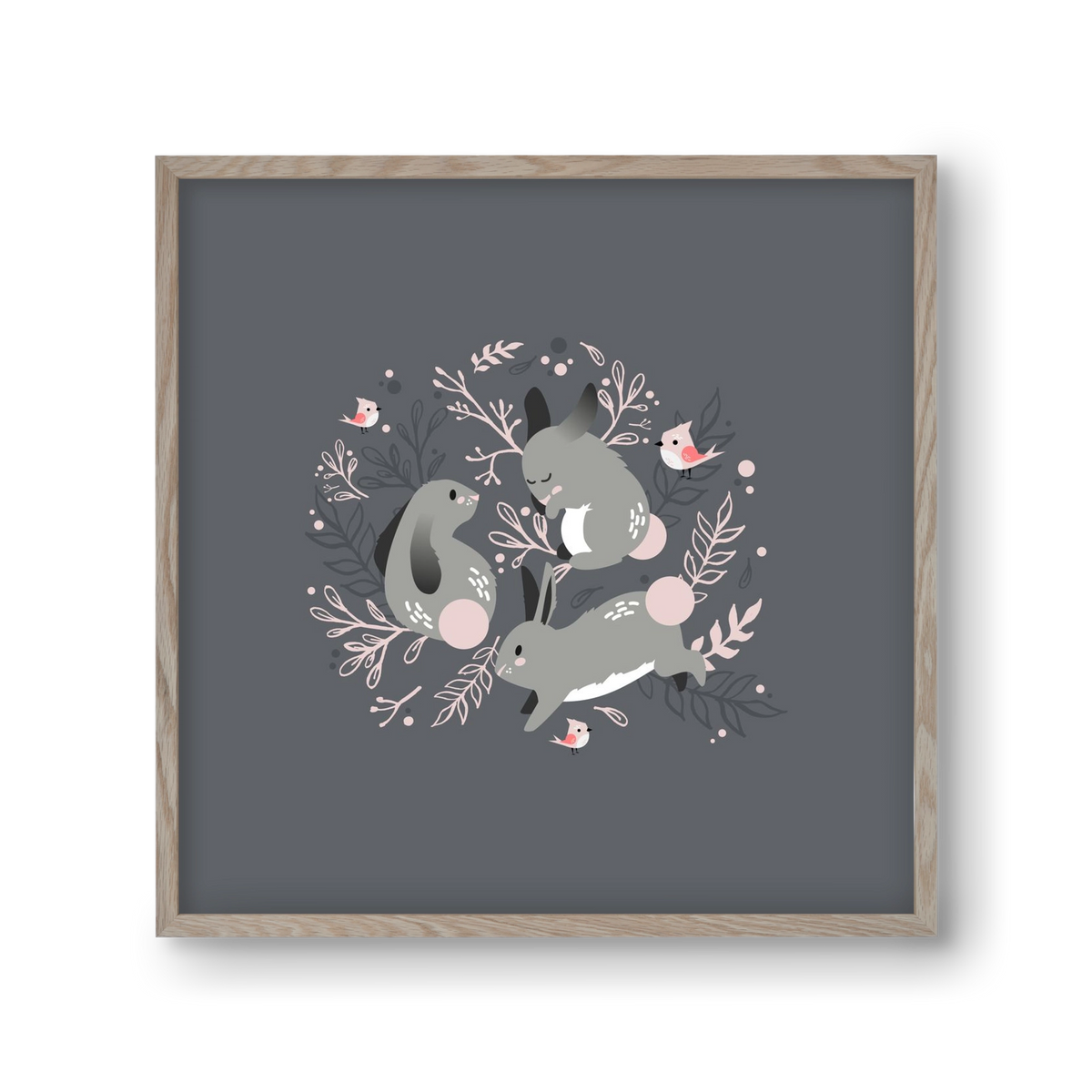 Nyuszik és madárkák, 30x30 cm (30x30 cm), Tölgy keret