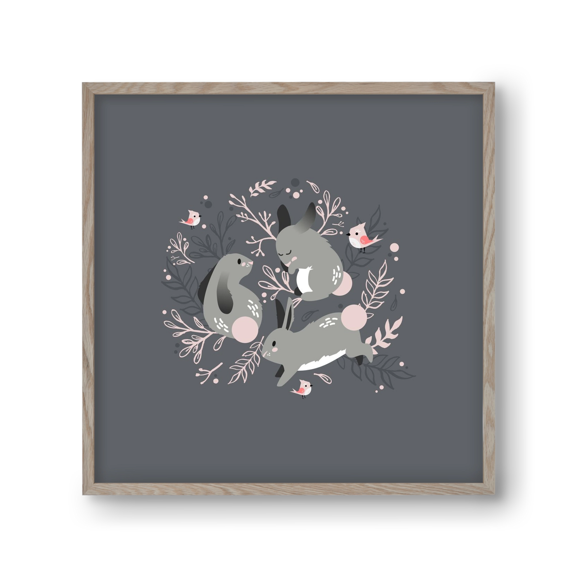 Nyuszik és madárkák, 30x30 cm (30x30 cm), Tölgy keret