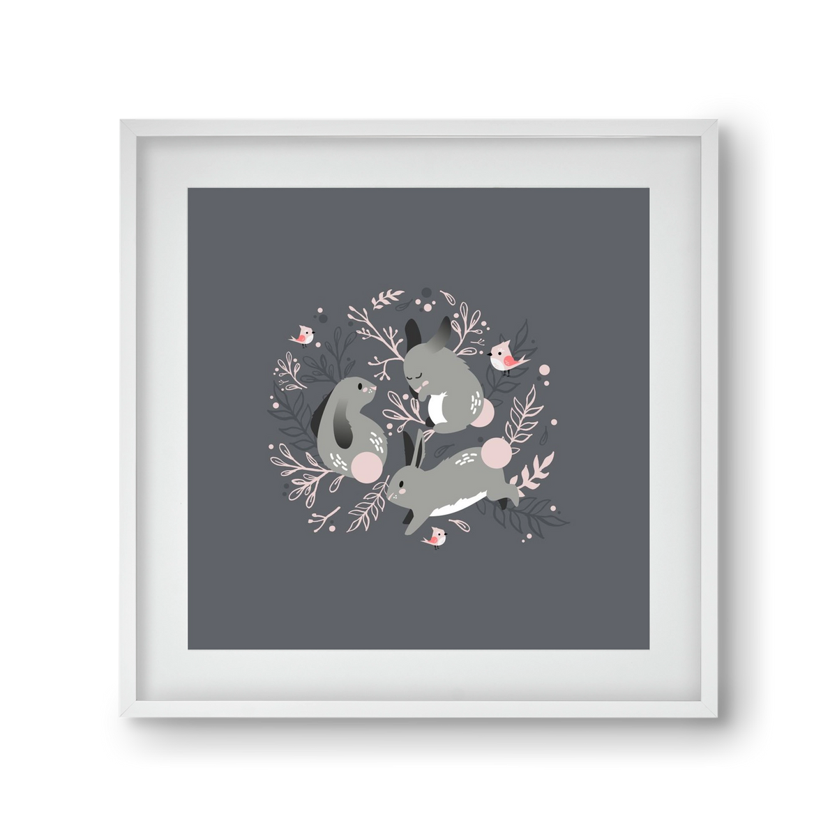 Nyuszik és madárkák, 30x30 cm (20x20 cm), Fehér keret, paszpartuval
