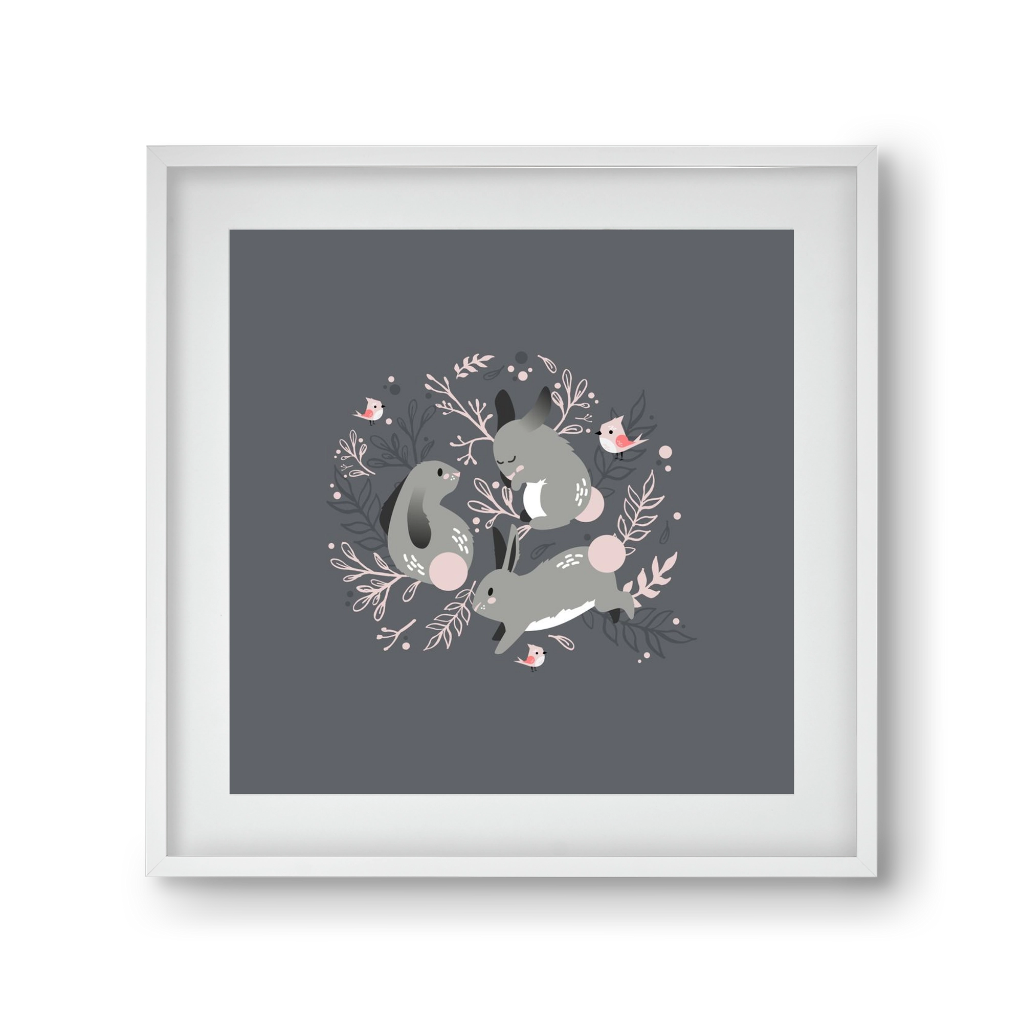 Nyuszik és madárkák, 30x30 cm (20x20 cm), Fehér keret, paszpartuval