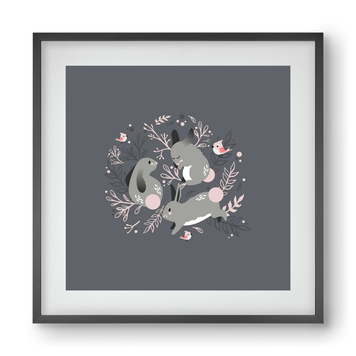 Nyuszik és madárkák, 40x40 cm (30x30 cm), Fekete keret, paszpartuval