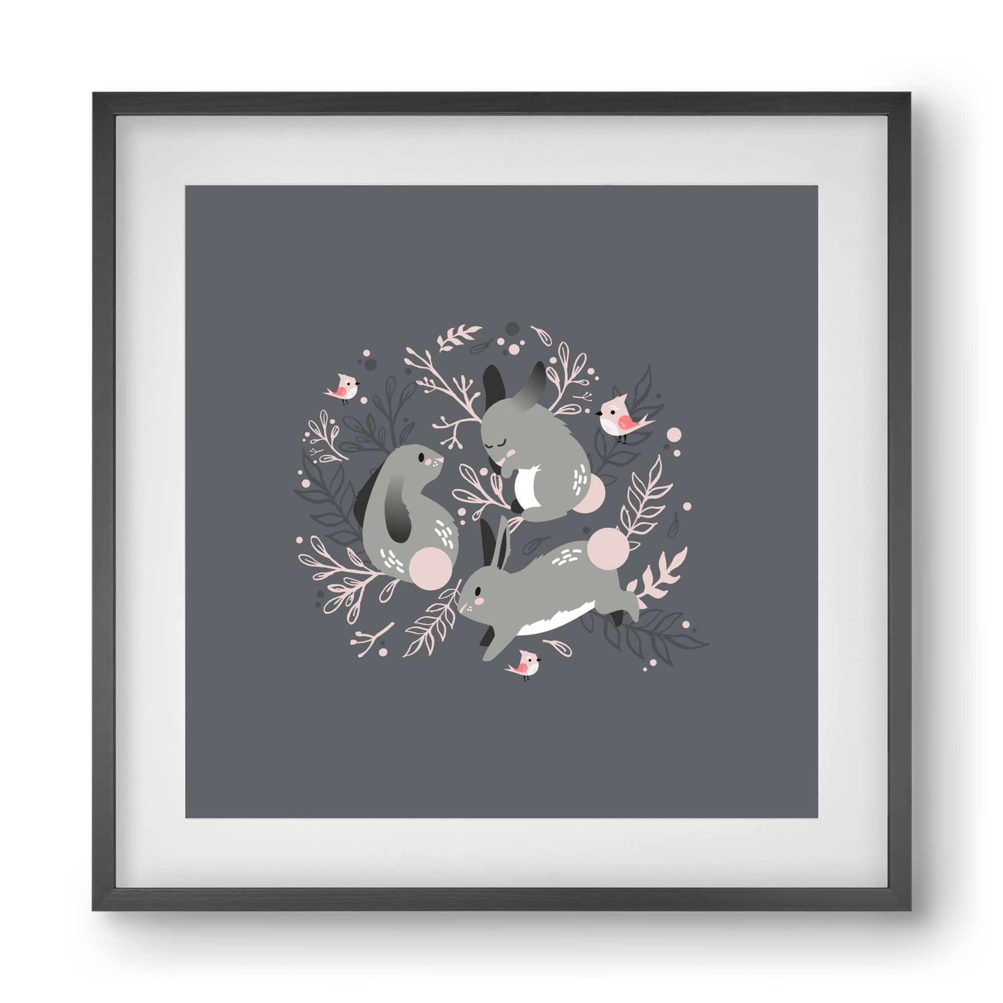 Nyuszik és madárkák, 40x40 cm (30x30 cm), Fekete keret, paszpartuval