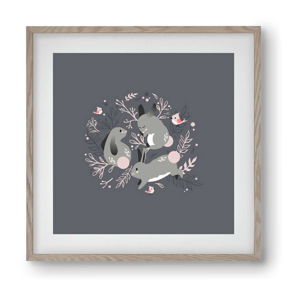 Nyuszik és madárkák, 40x40 cm (30x30 cm), Tölgy keret, paszpartuval