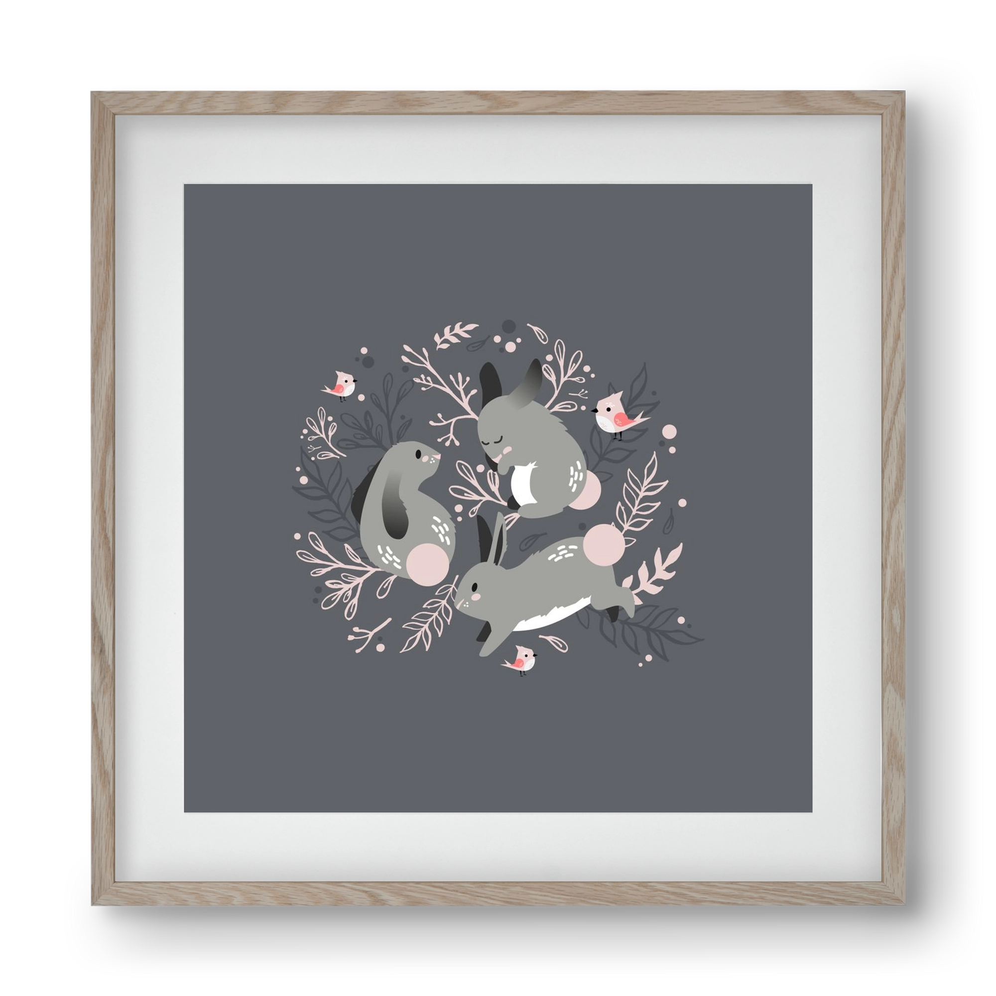 Nyuszik és madárkák, 40x40 cm (30x30 cm), Tölgy keret, paszpartuval