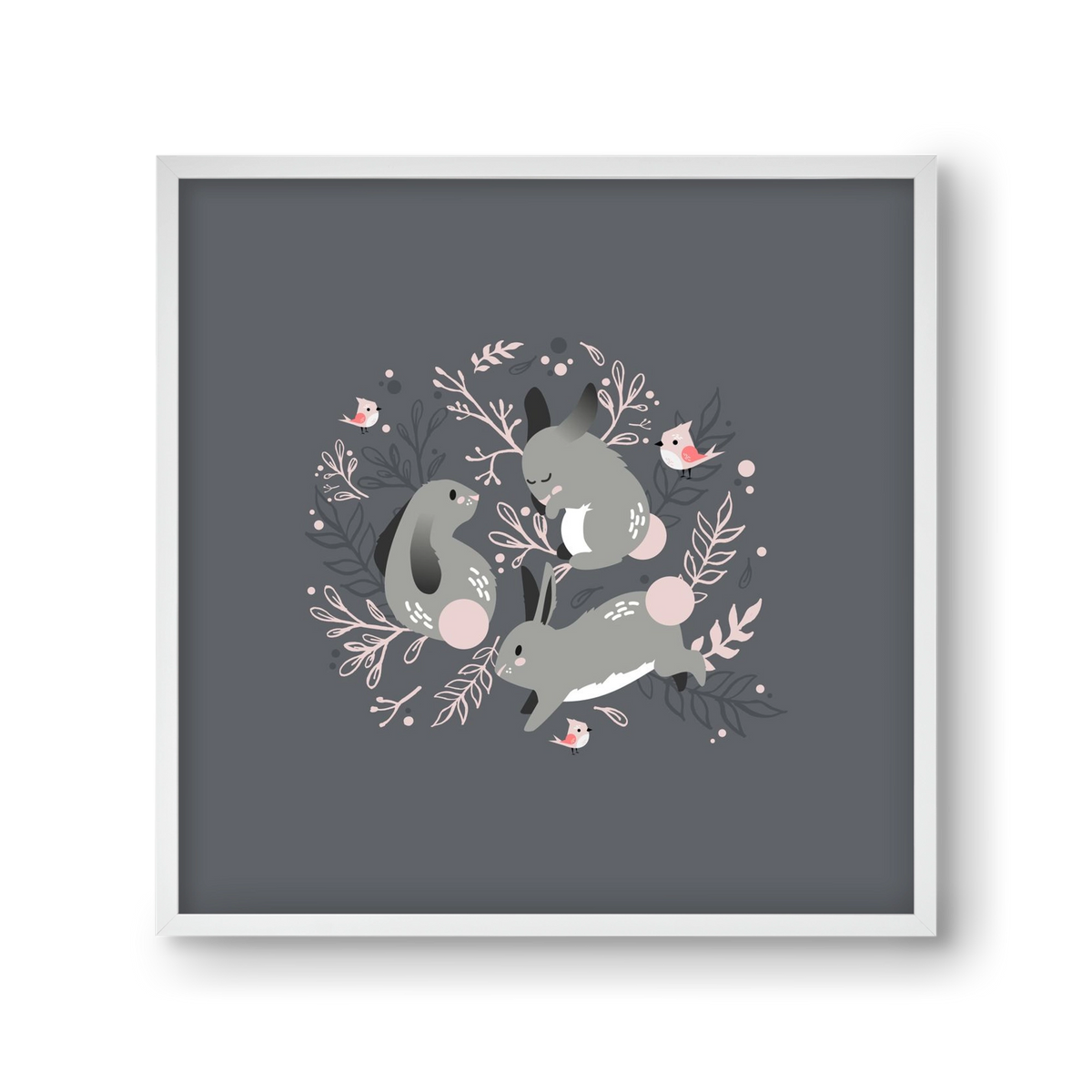 Nyuszik és madárkák, 30x30 cm (30x30 cm), Fehér keret