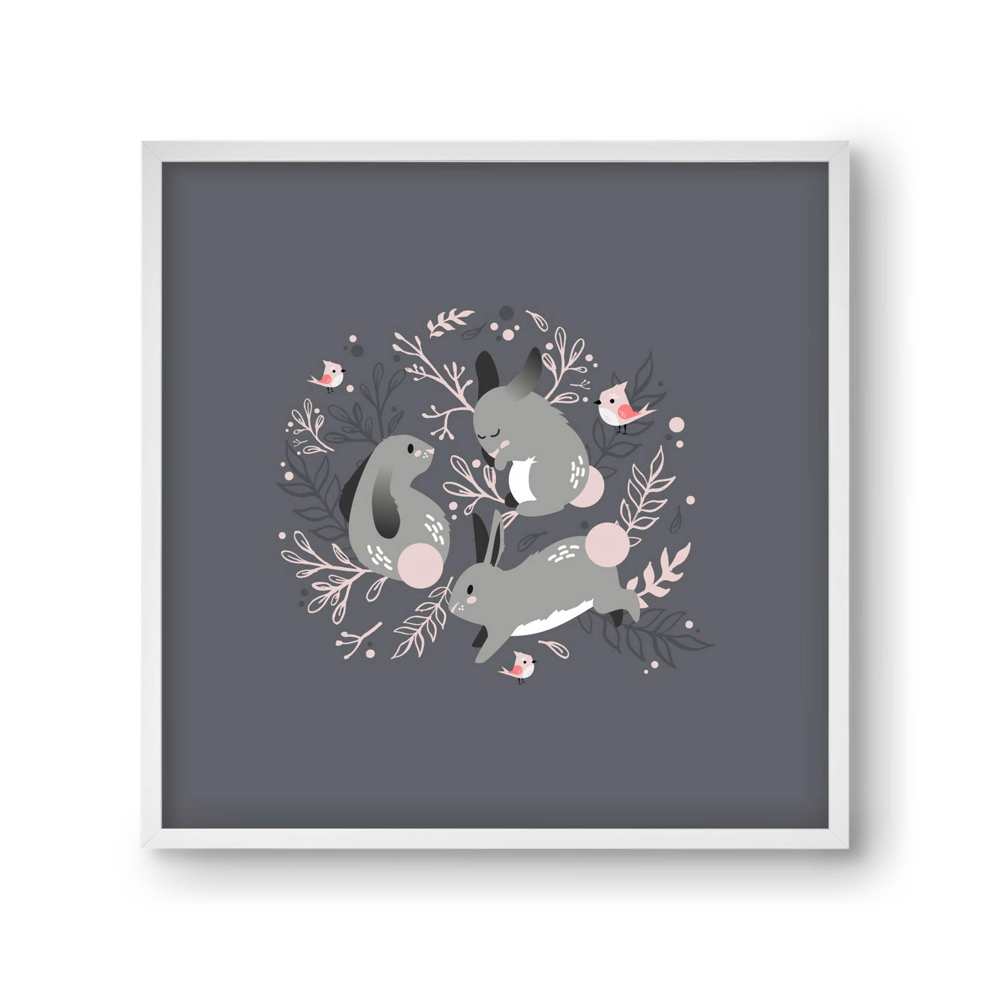 Nyuszik és madárkák, 30x30 cm (30x30 cm), Fehér keret
