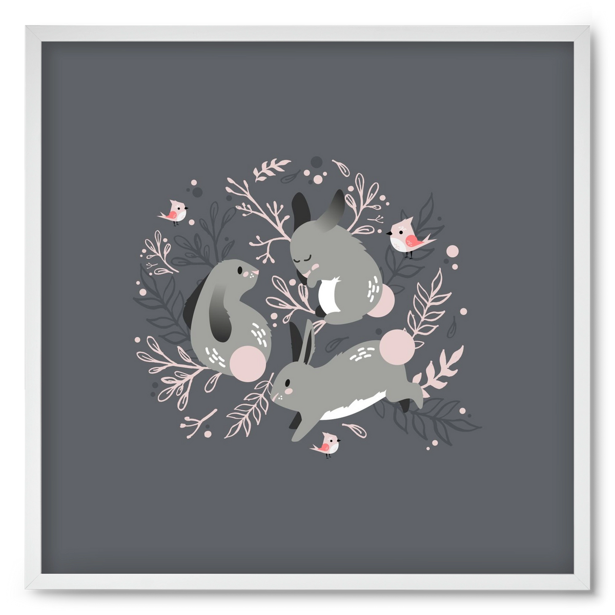 Nyuszik és madárkák, 50x50 cm (50x50 cm), Fehér keret
