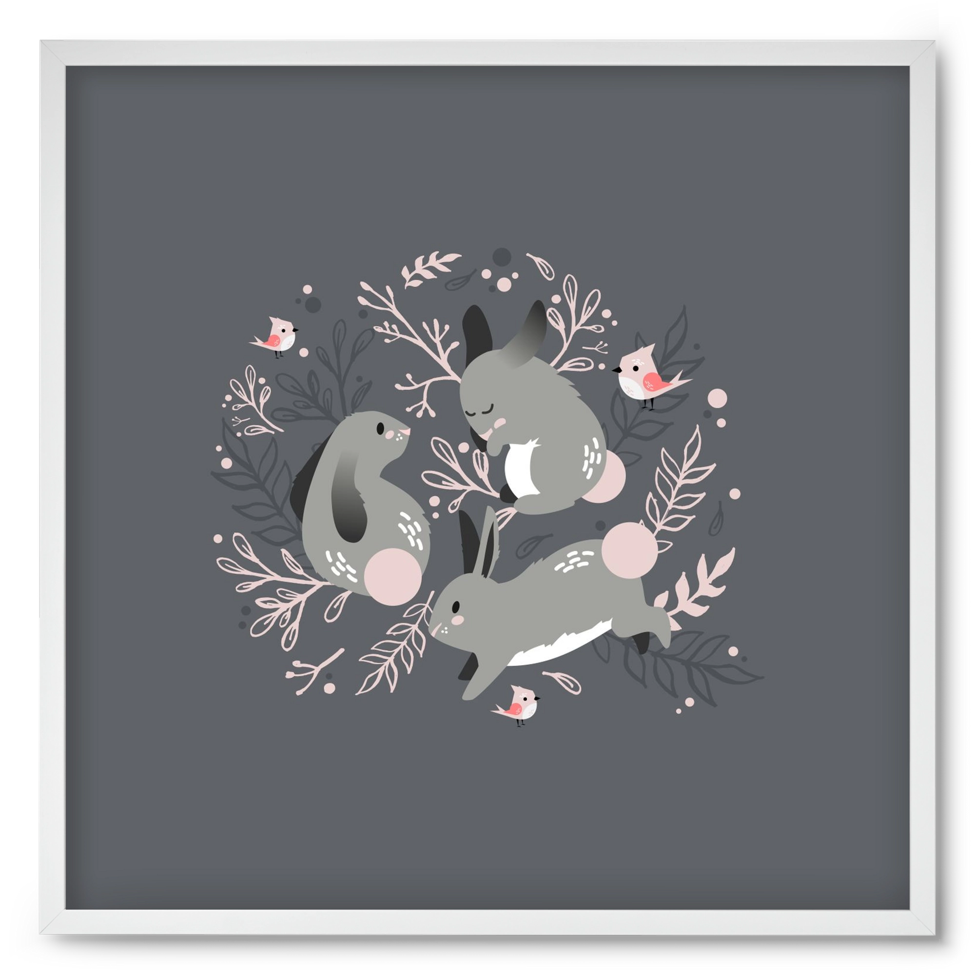 Nyuszik és madárkák, 50x50 cm (50x50 cm), Fehér keret