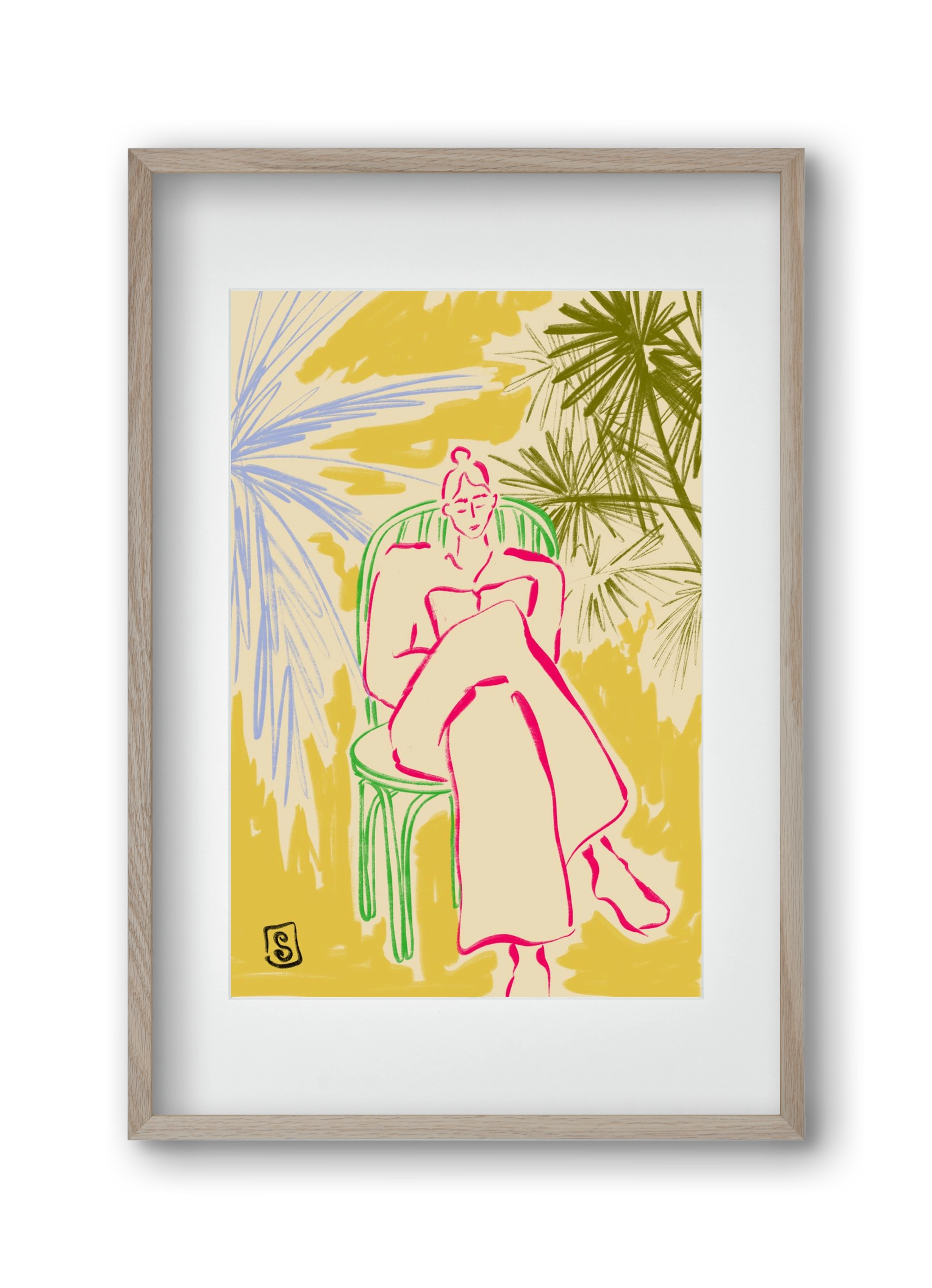 READING AMONG PALM TREES, 30x45 cm (20x30 cm), Tölgy keret, paszpartuval