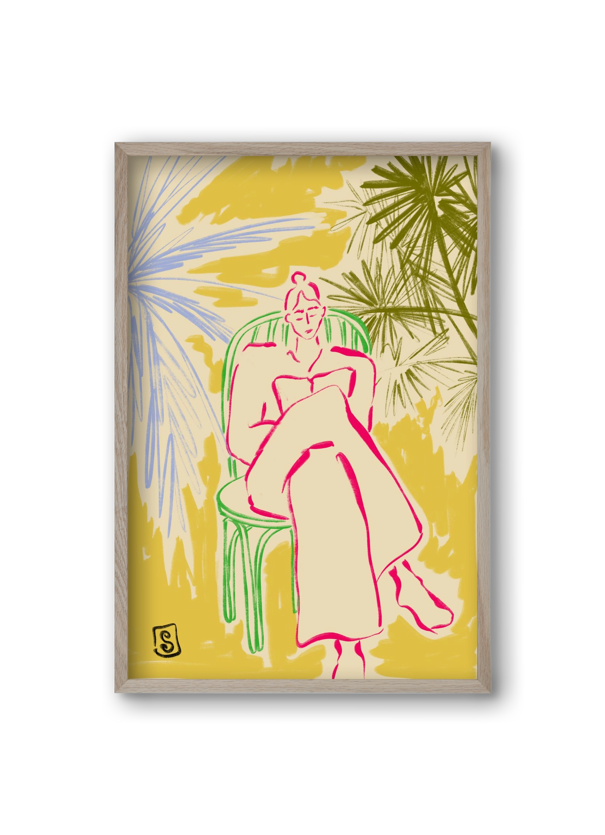 READING AMONG PALM TREES, 20x30 cm (20x30 cm), Tölgy keret