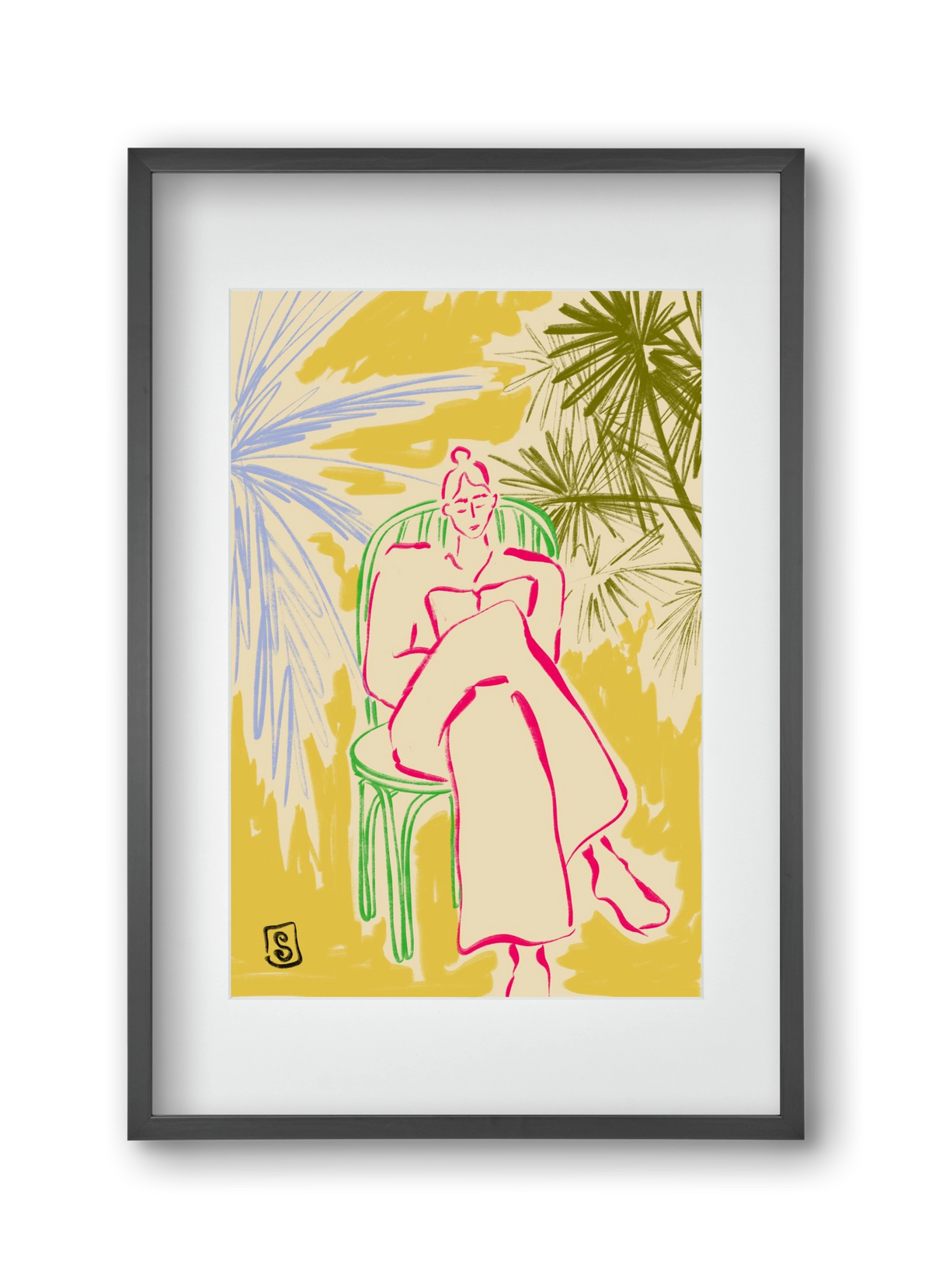 READING AMONG PALM TREES, 30x45 cm (20x30 cm), Fekete keret, paszpartuval