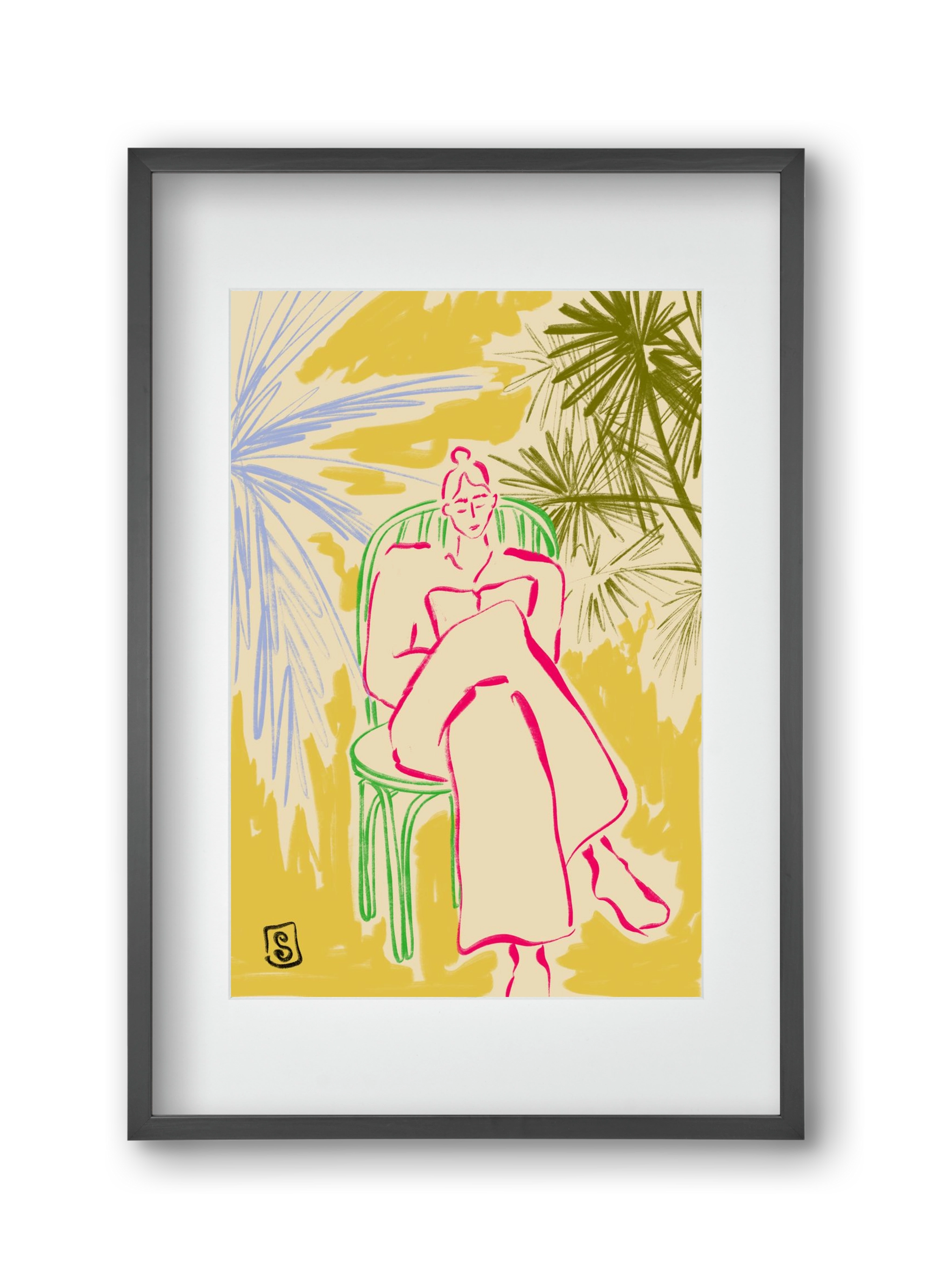 READING AMONG PALM TREES, 30x45 cm (20x30 cm), Fekete keret, paszpartuval