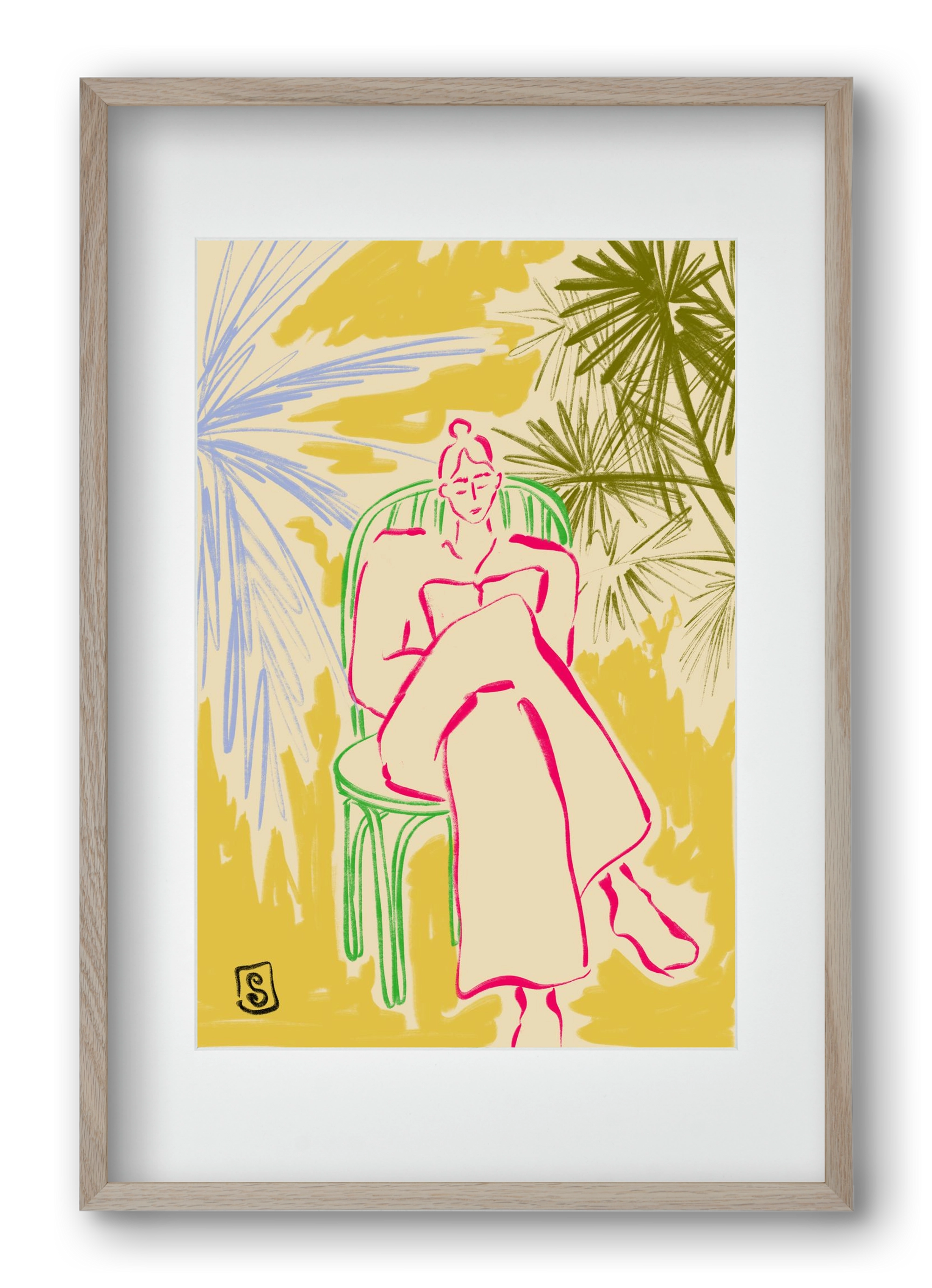 READING AMONG PALM TREES, 40x60 cm (30x45 cm), Tölgy keret, paszpartuval