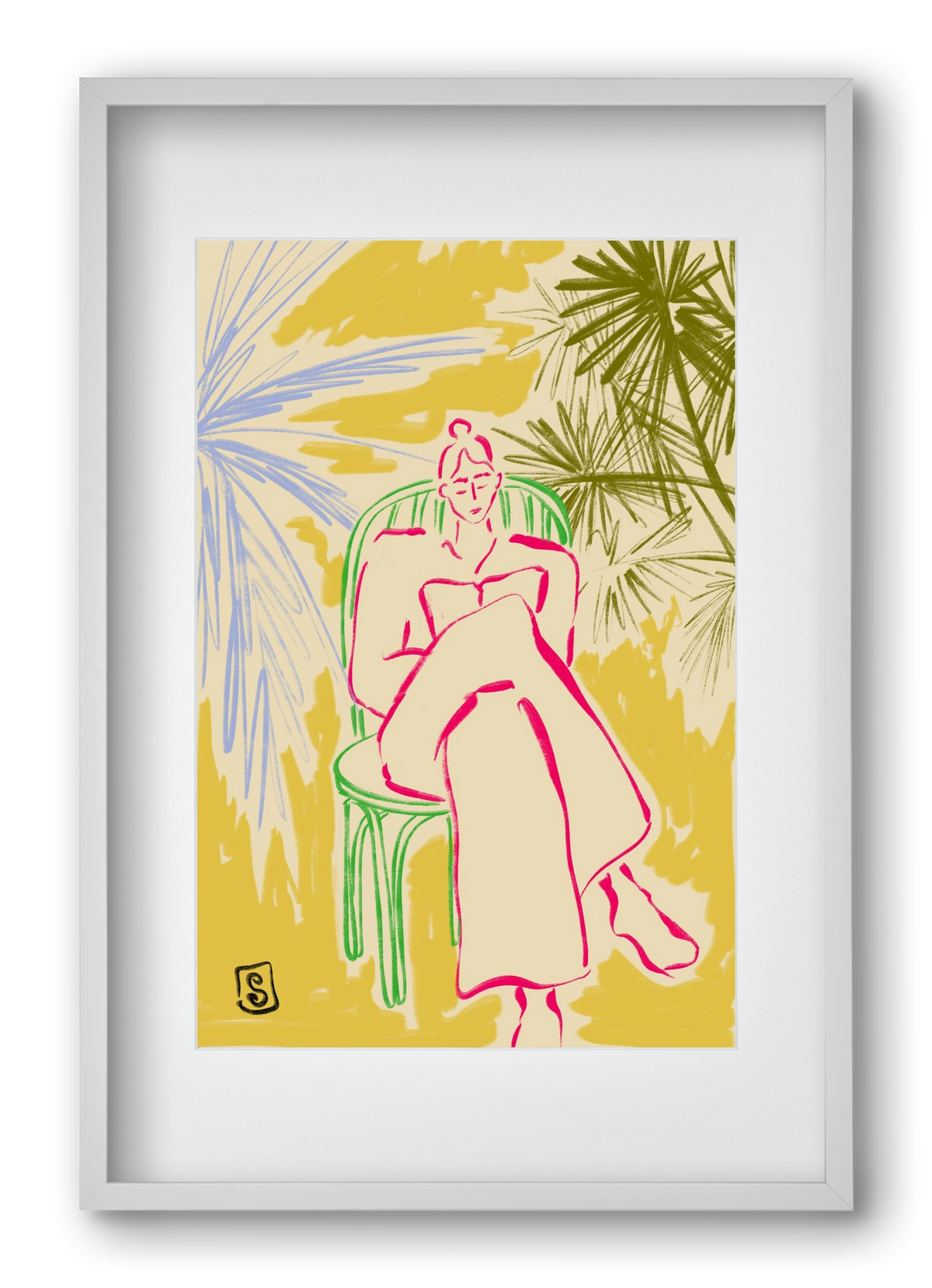 READING AMONG PALM TREES, 40x60 cm (30x45 cm), Fehér keret, paszpartuval