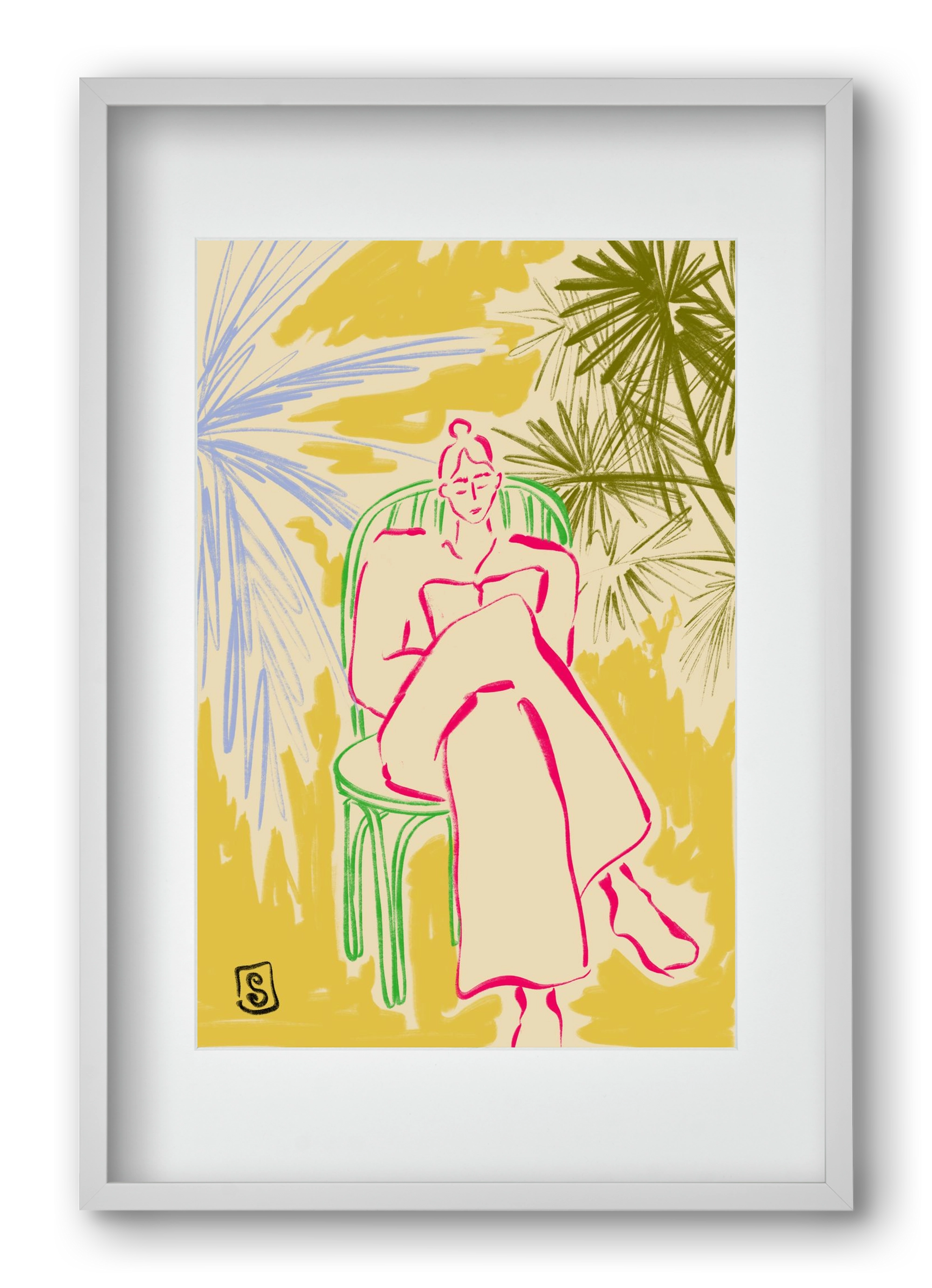 READING AMONG PALM TREES, 40x60 cm (30x45 cm), Fehér keret, paszpartuval