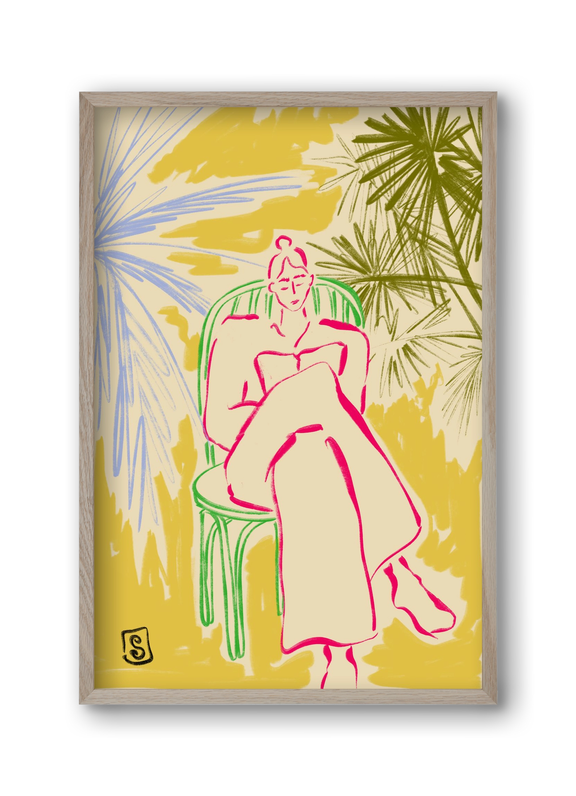 READING AMONG PALM TREES, 30x45 cm (30x45 cm), Tölgy keret