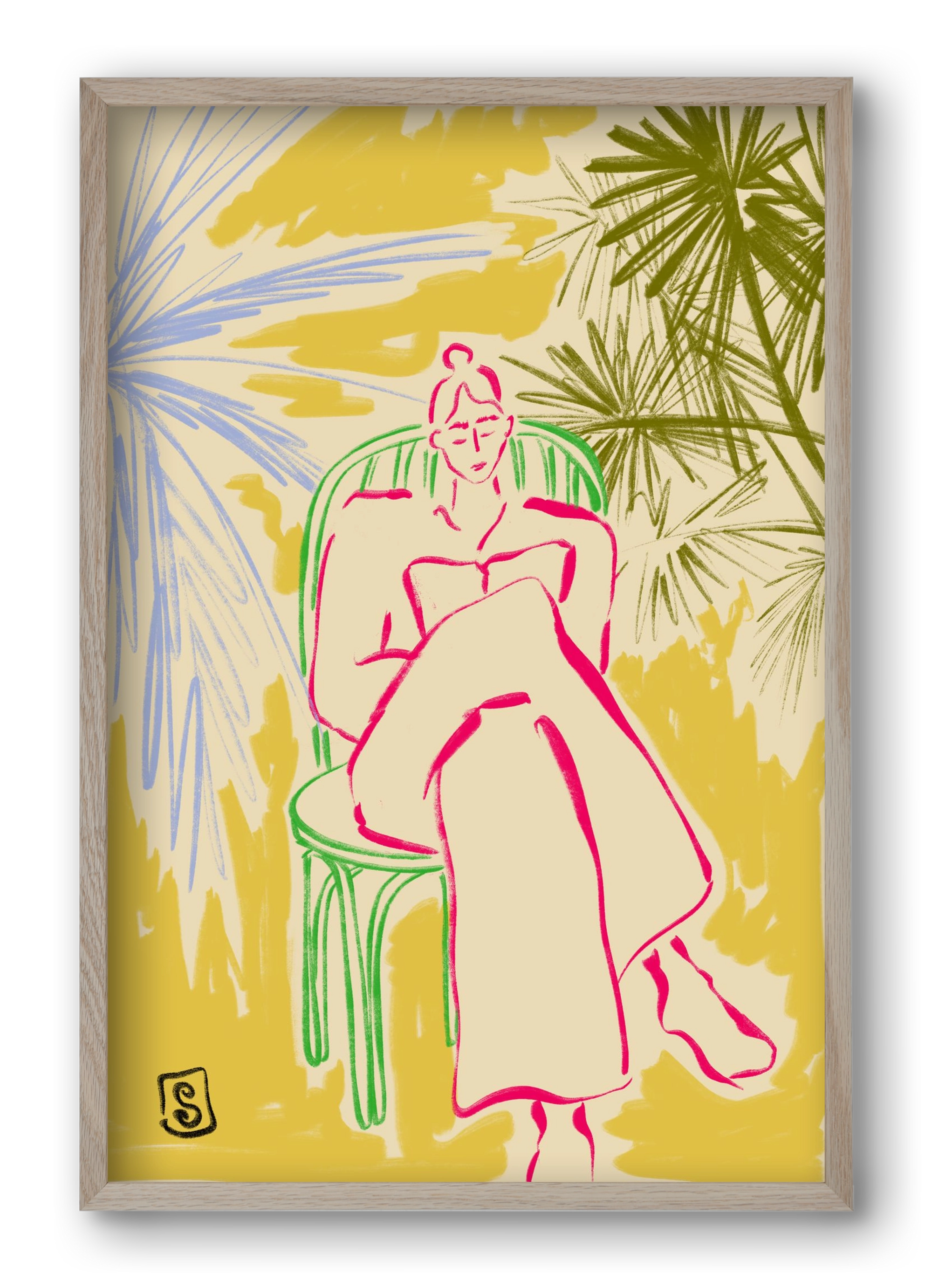 READING AMONG PALM TREES, 40x60 cm (40x60 cm), Tölgy keret